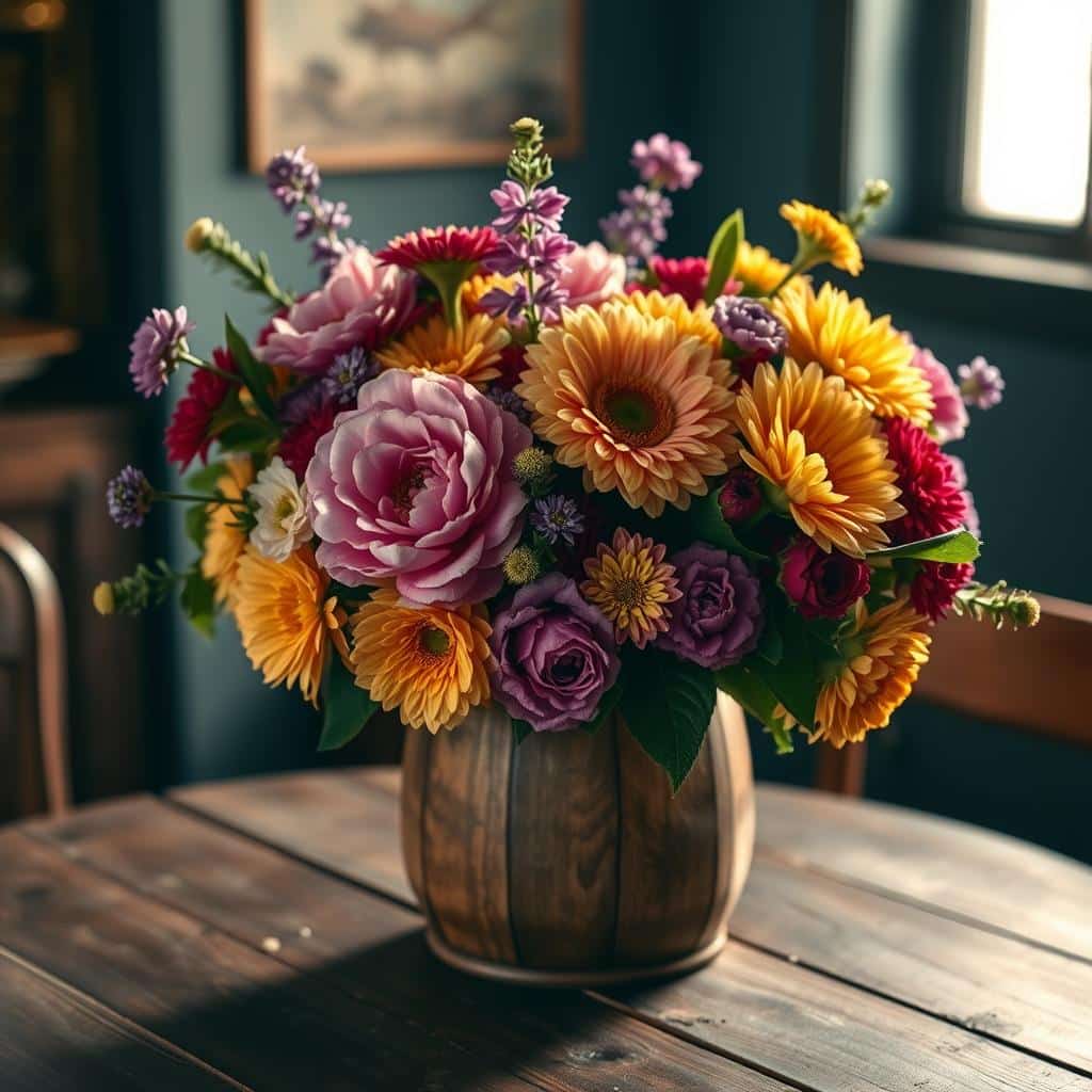 A beautifully arranged bouquet of vibrant, lush flowers in a rustic wooden vase, sitting on a vintage wooden table. The arrangement features a mix of colorful blooms such as peonies, roses, and dahlias in shades of pink, purple, and yellow, creating a harmonious and visually striking composition. Soft, warm lighting illuminates the scene, casting gentle shadows and highlighting the intricate details of the flowers. The background is blurred, creating a sense of depth and focus on the captivating floral display. The overall atmosphere is one of elegance, warmth, and a touch of whimsy, perfectly complementing the "Vibrant Flowers to Brighten Your Day" theme.