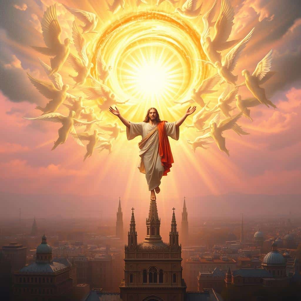 A breathtaking depiction of "Ascension Theology" in the style of an oil painting. In the foreground, a radiant figure of Christ, his hands outstretched, ascending into a swirling vortex of golden light. Surrounding him, a host of angelic beings, their wings outstretched, bearing witness to this momentous event. In the middle ground, a city skyline, with ornate cathedrals and spires reaching towards the heavens. The background is a vast, ethereal sky, tinged with hues of pink and purple, creating a sense of mysticism and wonder. The lighting is soft and dreamlike, casting a reverent, otherworldly glow over the entire scene. The composition is balanced and harmonious, inviting the viewer to contemplate the profound theological significance of Christ's Ascension.