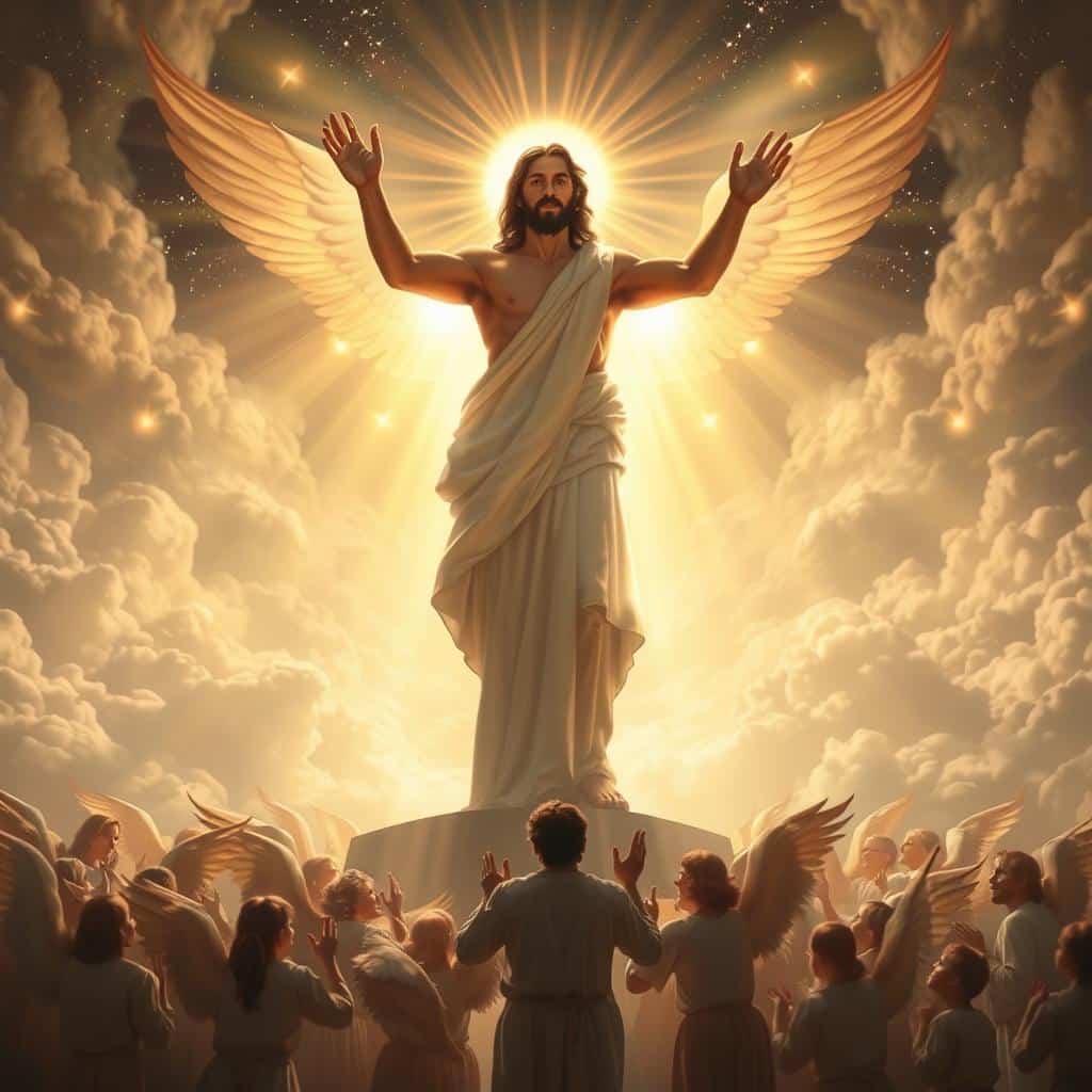 A breathtaking scene of Christ enthroned in celestial glory, surrounded by radiant light and angelic hosts. In the foreground, the resurrected Lord stands tall, his wounds visible yet glorified, hands raised in blessing. Cascading rays of divine illumination emanate from his figure, casting a warm, reverent glow. In the middle ground, a host of angelic beings, their faces awestruck, kneel in reverence before the exalted Christ. The background depicts a vast, ethereal realm of swirling clouds and stars, hinting at the boundless majesty of the heavenly realm. Soft, diffused lighting creates an atmosphere of profound wonder and profound adoration.