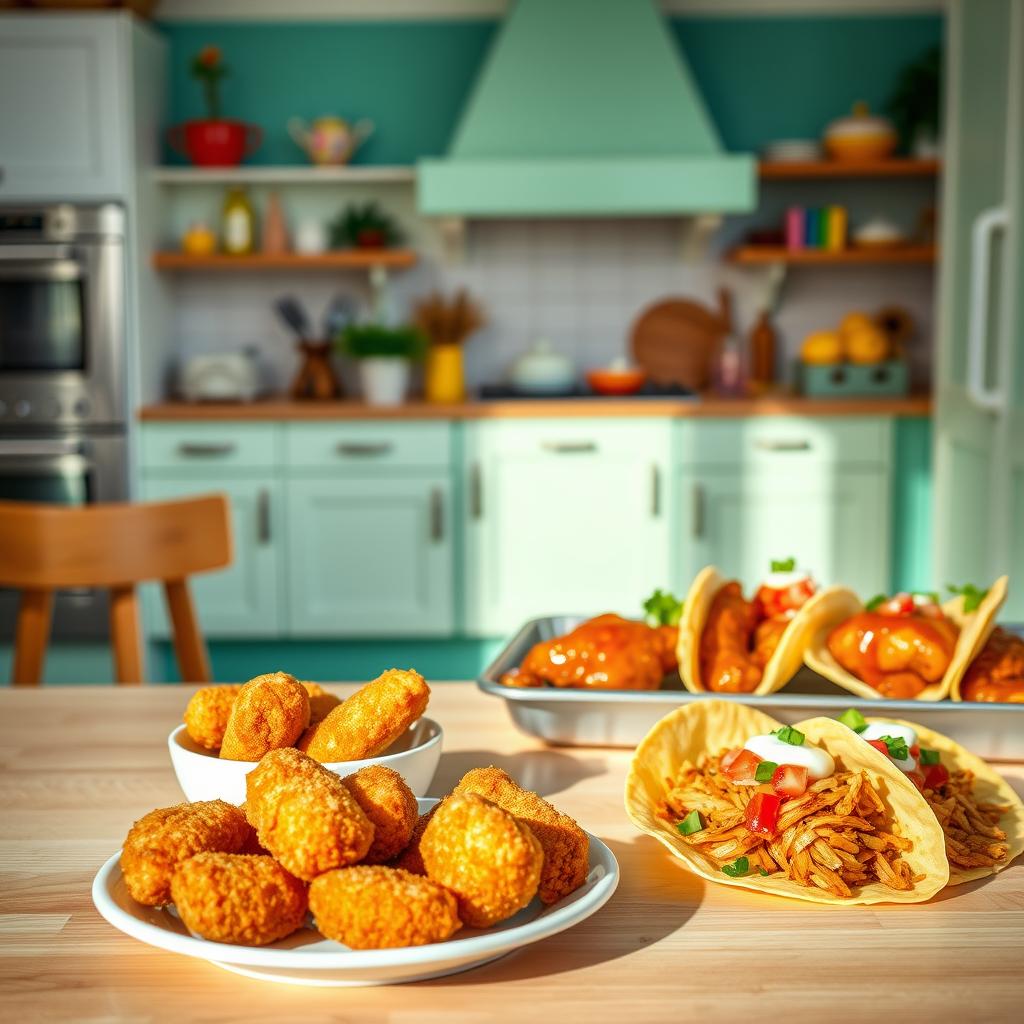 A cheerful and vibrant scene of a family-friendly kitchen, showcasing a variety of tempting, kid-approved chicken dishes. In the foreground, a plate of golden, crispy chicken tenders, accompanied by a small bowl of colorful, lightly-breaded chicken nuggets. In the middle ground, a baking sheet of saucy, honey-glazed chicken drumsticks, arranged alongside a platter of tender, shredded chicken tacos with fresh toppings. The background features a sunny, pastel-colored kitchen, with bright white cabinets, cheerful pops of color, and a playful, whimsical vibe. The lighting is warm and inviting, creating a cozy, homey atmosphere. The composition is balanced and visually appealing, capturing the essence of delicious, family-friendly chicken recipes.