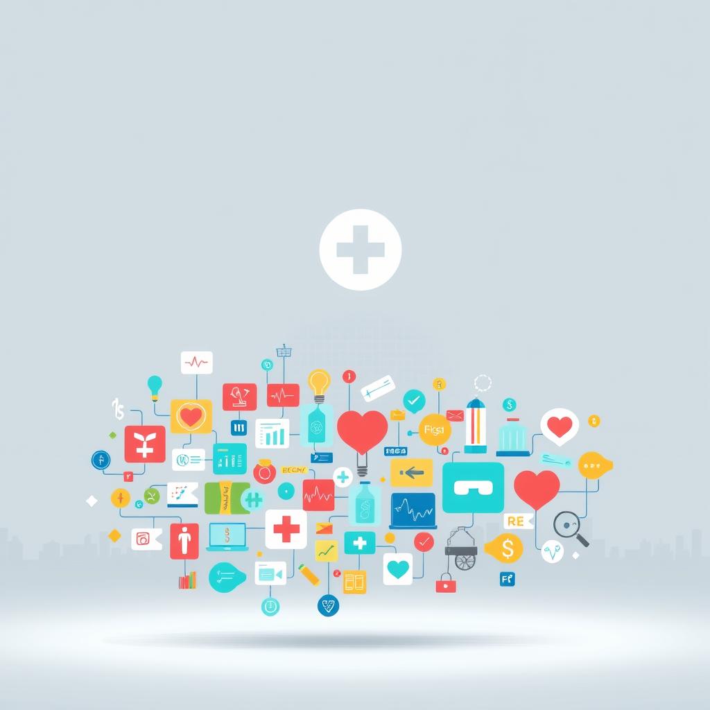 A clean, modern medical-themed illustration showcasing a variety of healthcare and wellness keywords. In the foreground, a cluster of colorful icons and symbols representing different medical specialties, treatments, and industry concepts such as first aid, pharmacy, research, and telehealth. In the middle ground, a subtle grid or network pattern symbolizing the interconnectedness of the health and medical industry. In the background, a minimalist cityscape or landscape, suggesting the broad scope and impact of this industry. The overall mood is one of professionalism, innovation, and public health. Soft, directional lighting illuminates the scene, creating depth and emphasizing the key elements.