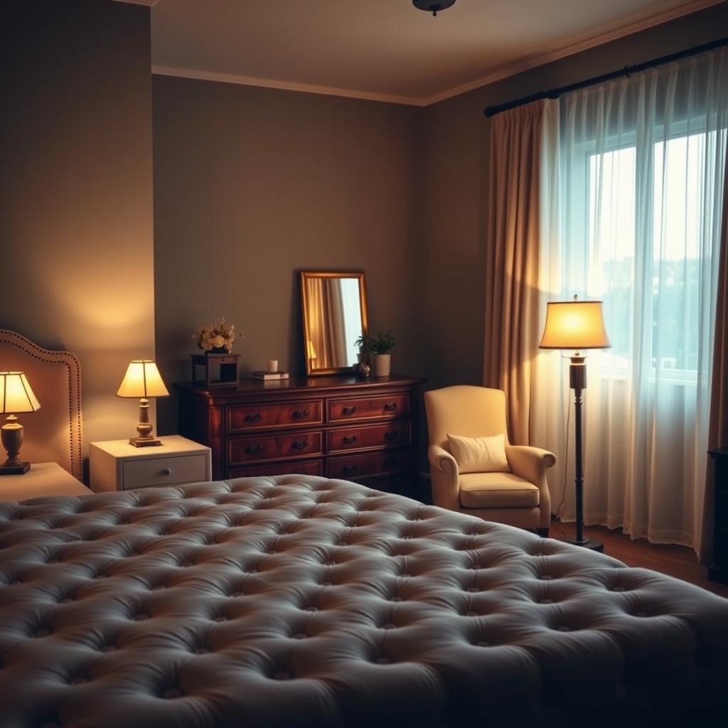A cozy and inviting bedroom scene with warm, ambient lighting. In the foreground, a plush upholstered bed frame with tufted headboard, flanked by matching nightstands with classic table lamps. The middle ground features a wooden dresser and armchair, accented by a decorative floor lamp casting a soft, golden glow. In the background, a large window lets in natural light, with sheer curtains billowing gently. The overall atmosphere is one of relaxation and sophistication, perfect for a simple yet impactful bedroom refresh.