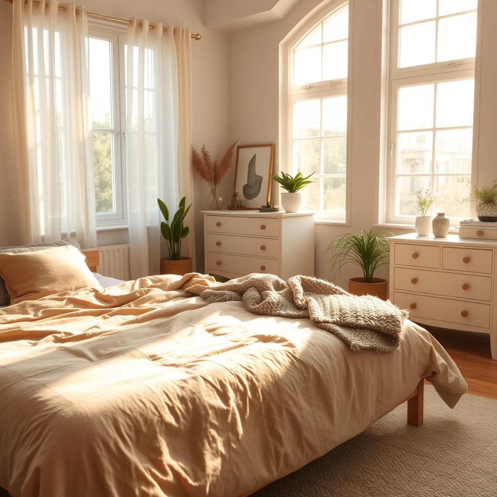 A cozy bedroom with a fresh, inviting atmosphere. In the foreground, a plush, oversized bedspread in a soothing, earthy tone covers a minimalist, wooden bed frame. Textured pillows and a fluffy, woven throw blanket add layers of comfort. Soft, sheer curtains gently billow in the warm, natural light streaming through the large windows, casting a gentle glow throughout the space. In the background, a simple, white-washed dresser and nightstands provide ample storage, while potted plants and a piece of abstract wall art add pops of greenery and visual interest. The overall mood is one of relaxation, serenity, and a sense of rejuvenation.