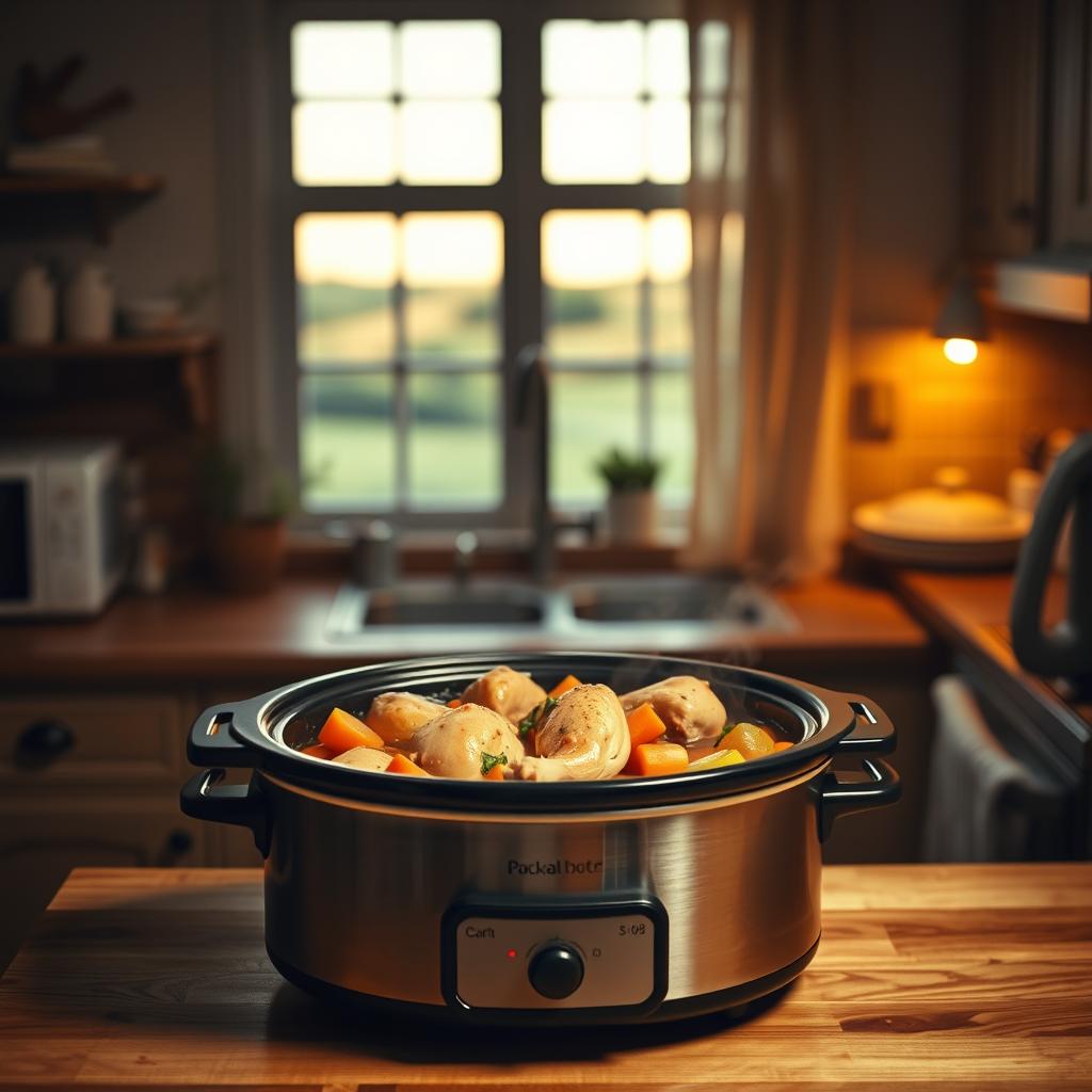A cozy kitchen interior, dimly lit with warm, soft lighting. At the center, a modern slow cooker sits atop a wooden kitchen counter, filled with a hearty chicken stew. Tender, juicy chicken pieces nestle in a savory broth, surrounded by vibrant vegetables like carrots, potatoes, and onions. The aroma of the simmering dish wafts through the air, creating a welcoming and inviting atmosphere. In the background, a window provides a glimpse of a serene, countryside landscape, hinting at the effortless, homemade nature of the slow-cooked meal. The overall scene conveys a sense of comfort, simplicity, and the delightful flavors of a homemade, slow-cooked chicken dish.
