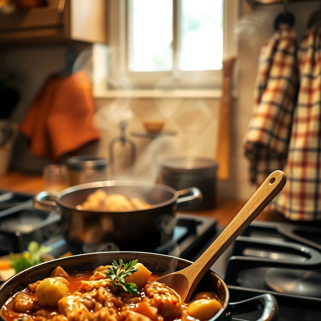 A cozy kitchen scene showcases a hearty one-pot chicken dish, steam wafting from the stove. In the foreground, a chunky chicken stew bubbles in a cast-iron pot, garnished with fresh herbs. The middle ground features chopped vegetables and a wooden spoon, hinting at the ease of preparation. Soft, warm lighting from overhead casts a homey glow, complemented by the rustic, farmhouse-inspired decor of the background. A pair of oven mitts and a checkered kitchen towel add charming, lived-in touches. The overall atmosphere is one of comforting simplicity, inviting the viewer to imagine the mouthwatering flavors and the joy of effortless cleanup.