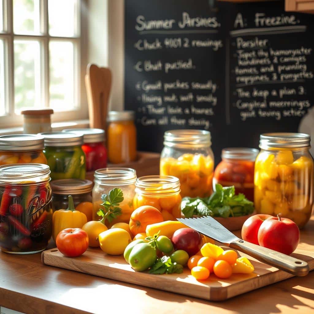 A cozy kitchen with sunlight streaming through the windows, showcasing an array of summer preserves. On the counter, mason jars filled with vibrant fruits and vegetables, their lids glistening. In the foreground, a wooden cutting board with freshly harvested produce and a vintage canning tool set. The background features a chalkboard wall with handwritten notes on canning and freezing techniques. The lighting is warm and inviting, capturing the essence of preserving the bounty of summer for the seasons ahead.