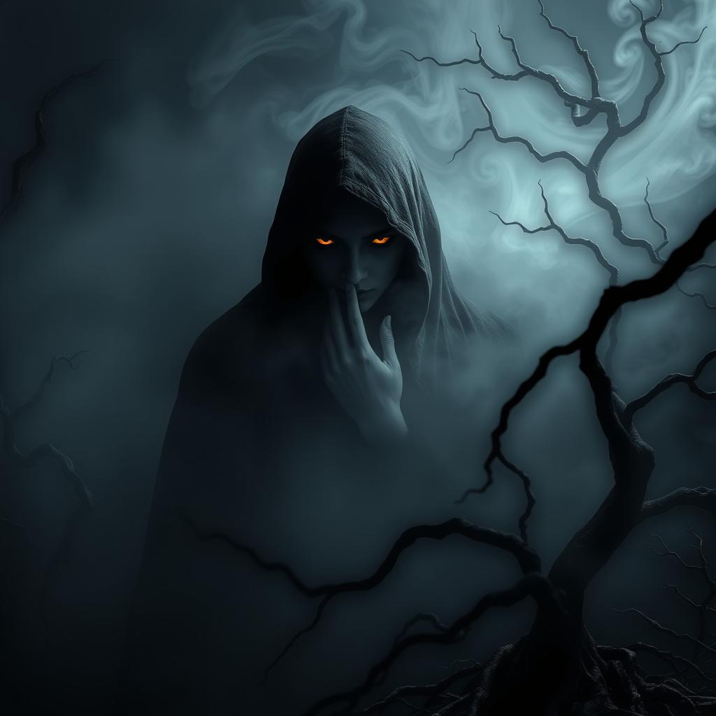 A dark, enigmatic figure emerges from a swirling mist, its features obscured by deep shadows. The figure's eyes glow with a haunting intensity, conveying a sense of hidden depths and unresolved inner turmoil. The background is a surreal, dreamlike landscape, with twisting branches and gnarled roots that seem to reach out, mirroring the figure's own introspective nature. The lighting is dramatic, casting dramatic shadows that accentuate the figure's contours and the sense of duality within. The overall atmosphere is one of mystery, introspection, and the exploration of the subconscious - a visual representation of the "shadow self" and the complex relationship between our public and private selves.