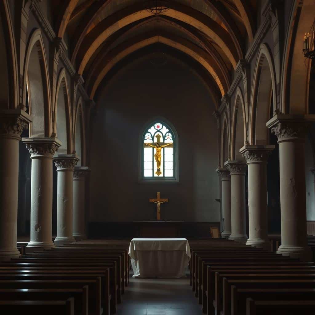 A dimly lit interior of an early Christian church, with ornate stone arches and columns supporting a high, vaulted ceiling. Soft, warm lighting filters in through stained glass windows, casting a reverent glow over the sparse wooden pews. In the foreground, a simple altar stands, draped in a simple white cloth. Behind it, an ornate, gilded cross hangs on the wall, the centerpiece of the worship space. The atmosphere is one of solemn reverence, evoking the early days of the faith as it spread across the ancient world.