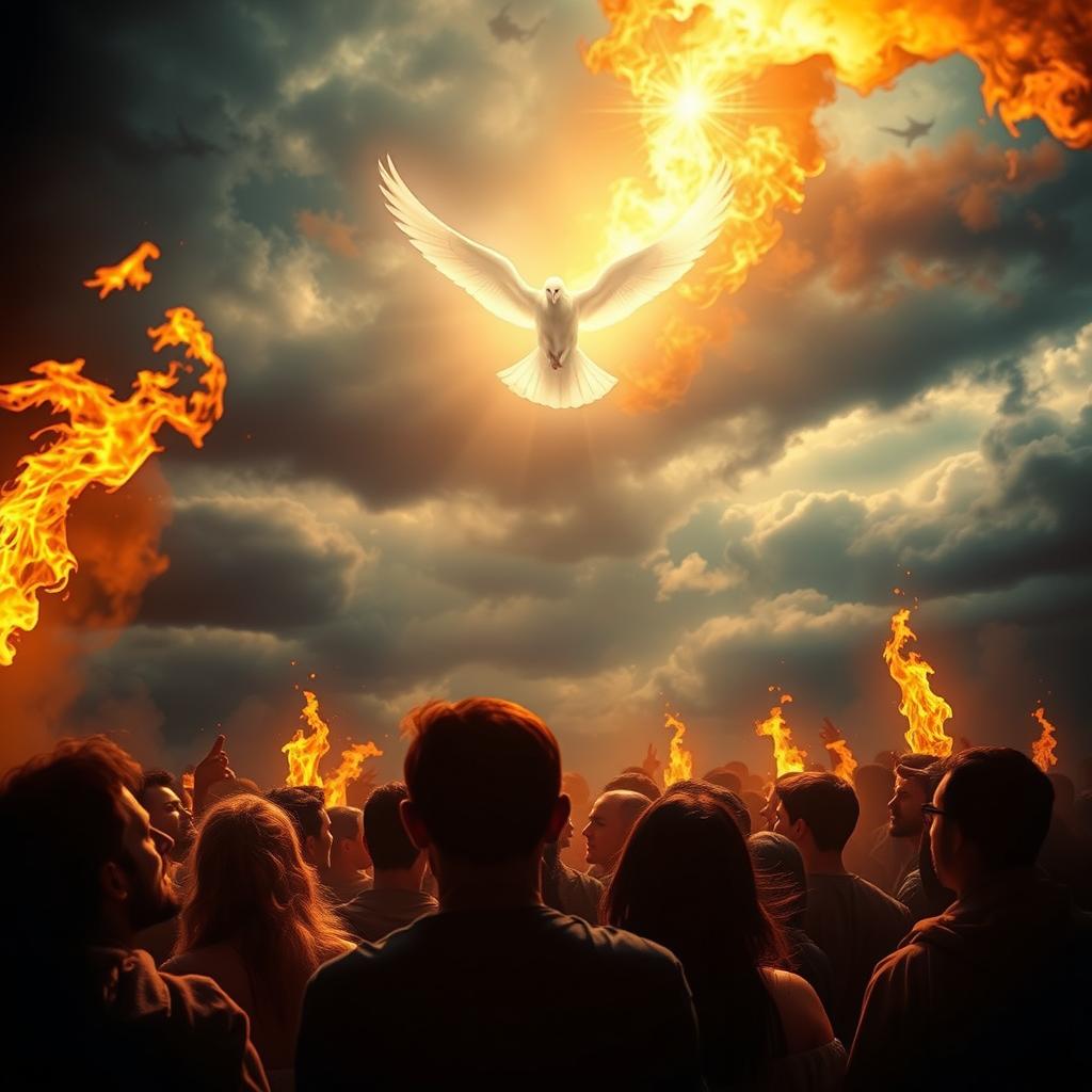 A dramatic, cinematic scene of Pentecost Sunday, lit by vibrant flames and the presence of the Holy Spirit. In the foreground, a group of disciples gathered in awe, their faces illuminated by the heavenly fire descending upon them. The middle ground features a shimmering, ethereal dove, its wings outstretched, symbolizing the descent of the Holy Spirit. In the background, a dramatic, stormy sky with swirling clouds, hinting at the prophetic power of the occasion. The lighting is intense, with warm, fiery tones casting dramatic shadows and highlights, creating a sense of divine energy and transformation. The overall atmosphere is one of reverence, awe, and the profound experience of the Holy Spirit's arrival.