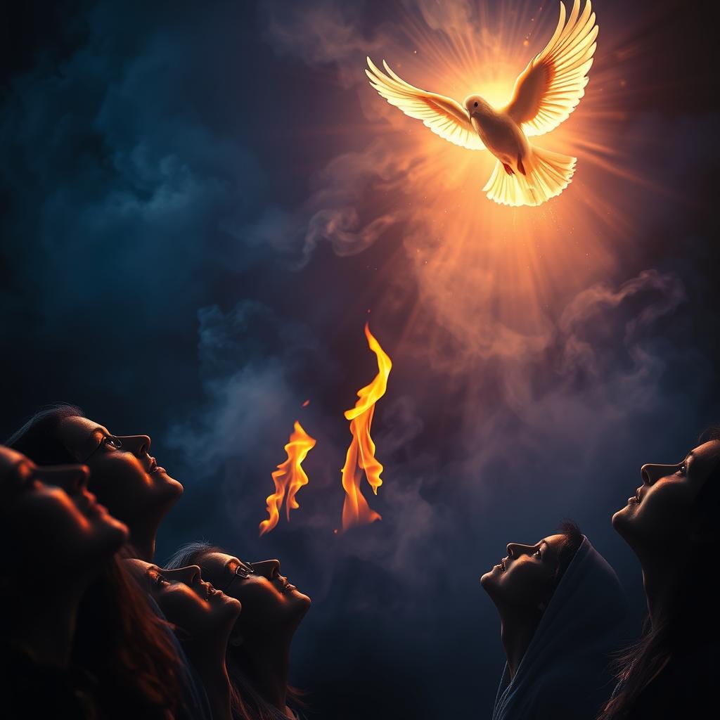 A dramatic, ethereal scene of Pentecost Sunday. In the foreground, the descending dove of the Holy Spirit, glowing with divine radiance, hovers over the upturned faces of the faithful. Their expressions are alight with wonder and reverence. In the middle ground, tongues of fire dance and flicker, symbolizing the outpouring of the Spirit's gifts. The background is a swirling, atmospheric expanse of deep blues and purples, evoking the mystery and power of the divine. Dramatic chiaroscuro lighting casts dramatic shadows, heightening the sense of spiritual intensity. Capture the moment of Pentecost, when the Holy Spirit ignites the faith of the believers.