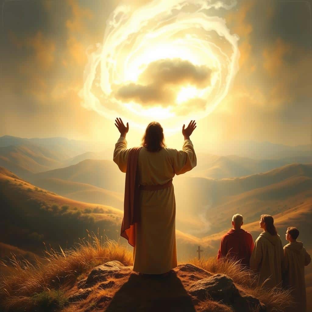 A dramatic scene of the biblical Ascension of Jesus Christ, captured in an oil painting-like style. In the foreground, Jesus stands on a hilltop, his robed figure bathed in a warm, golden light as he raises his hands in blessing. The disciples, awestruck, gaze upwards as a swirling, ethereal cloud envelops the Savior, signifying his departure to heaven. The background depicts a sweeping, hilly landscape, rendered in rich, vibrant hues, with a soft, diffused sky that reflects the solemnity of the moment. The lighting is dramatic, creating a sense of reverence and wonder, while the composition draws the viewer's eye to the central figure of Christ, the focus of this pivotal event in Christian history.