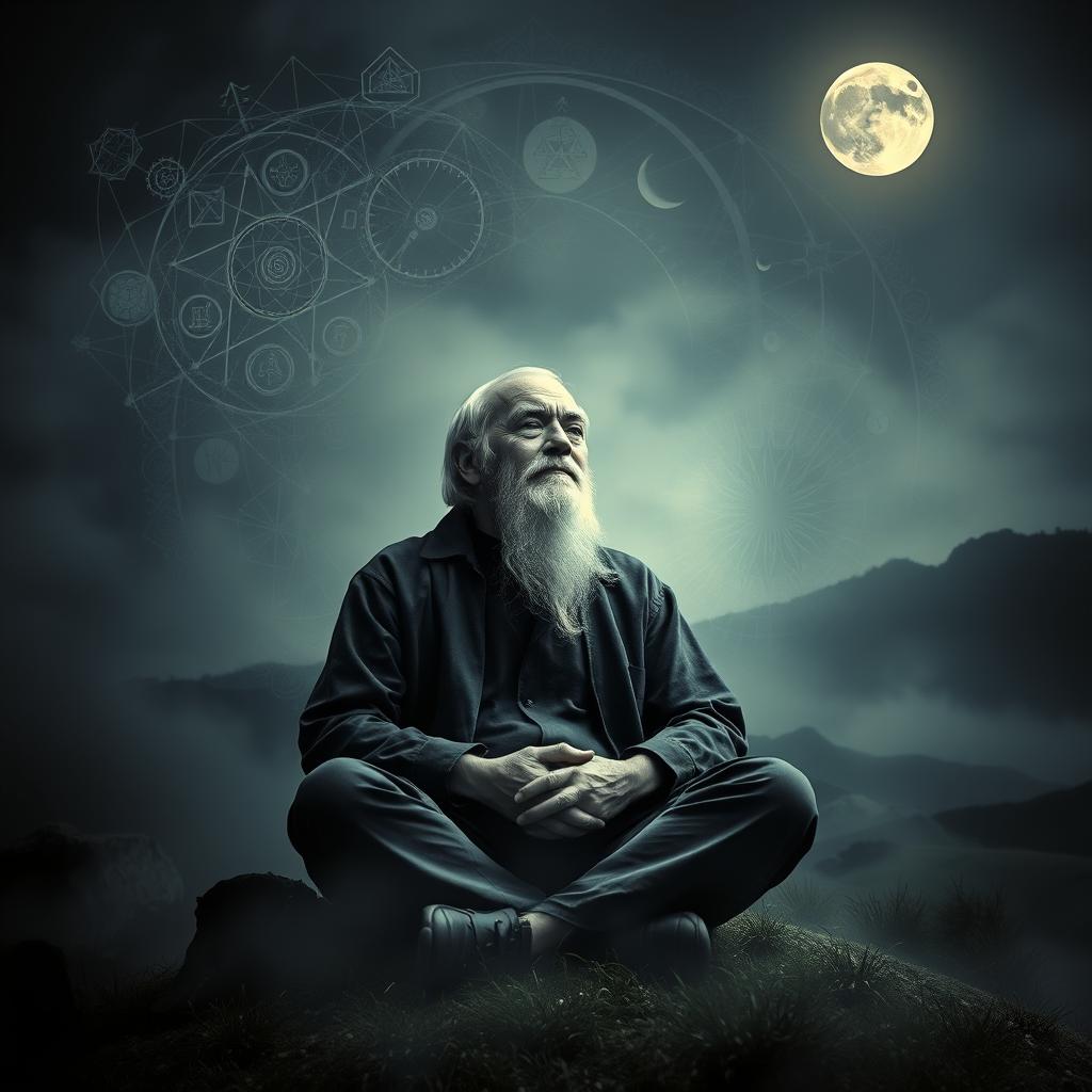 A dream-like scene of Carl Jung deep in thought, surrounded by symbols and archetypes from the collective unconscious. In the foreground, Jung sits cross-legged, eyes closed, a serene expression on his face as he explores the depths of the psyche through active imagination. Swirling around him are layers of ethereal imagery - Jungian symbols such as the mandala, the animus/anima, and the shadow self. In the background, a misty, dreamscape landscape with a full moon casts a soft, mystical glow over the scene. The lighting is atmospheric and chiaroscuro, creating a sense of mystery and introspection. The composition is balanced and harmonious, reflecting Jung's holistic approach to the human psyche.