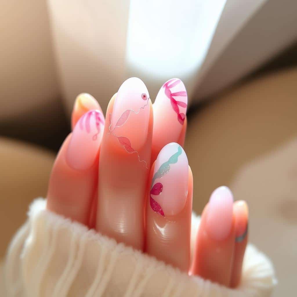 A dreamy, ethereal watercolor nail art design with fluid, overlapping washes of pastel hues. Delicate, feathered edges and soft, organic textures create a sense of movement and fluidity. Subtle, naturalistic lighting from above casts a gentle glow, highlighting the luminous, shimmering finish. The nails are shaped into an elegant, rounded almond form, accentuating the feminine, spring-inspired aesthetic. A sense of tranquility and whimsy permeates the scene, evoking the feeling of a delicate, fleeting moment captured in time.