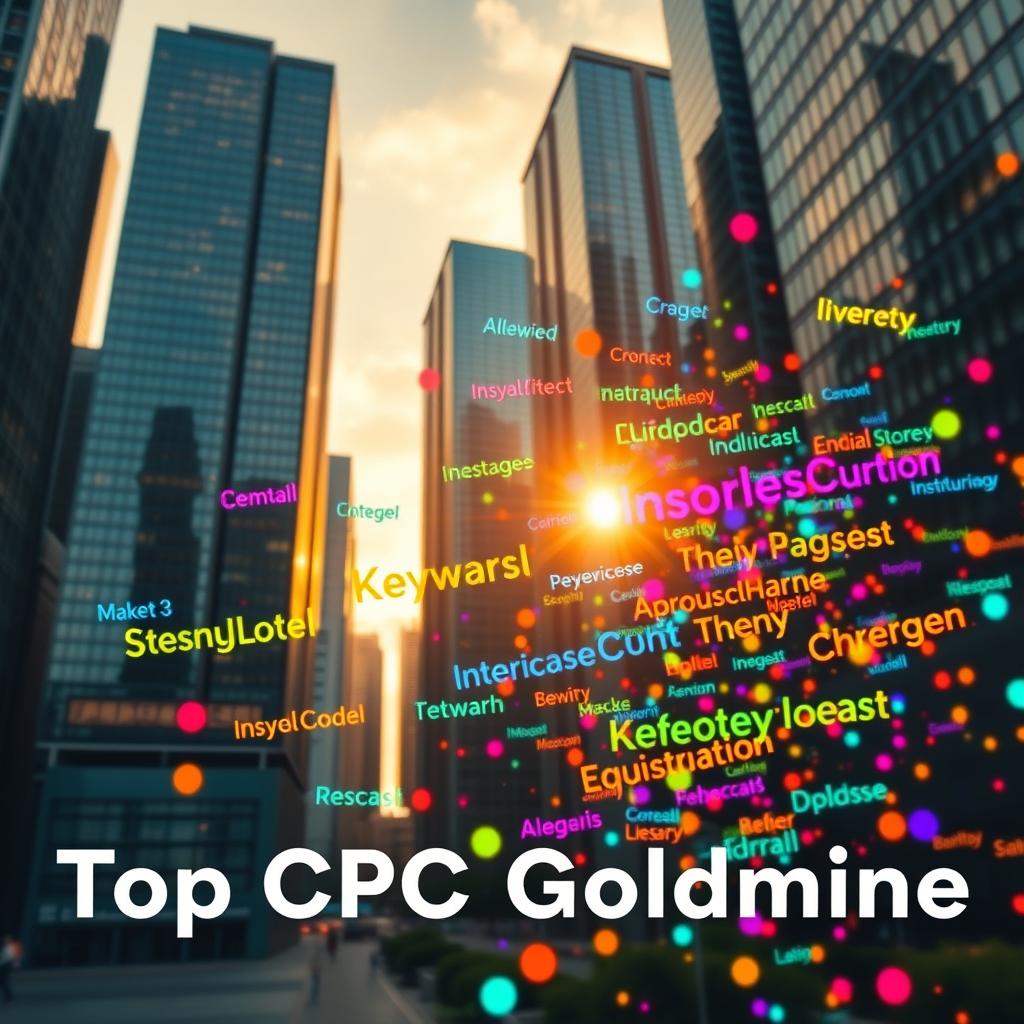 A dynamic cityscape unfolds, with towering skyscrapers in the background, their glass facades gleaming under the warm, golden glow of the setting sun. In the foreground, a kaleidoscope of vibrant, colorful keywords related to high-paying insurance topics float and dance, their sizes and luminosity indicating their relative value. The scene evokes a sense of financial opportunity and the lucrative potential of the insurance industry, inviting the viewer to explore the "Top CPC Goldmine" within. Captured with a wide-angle lens and soft, diffused lighting, the image presents a compelling visual representation of the subject matter.