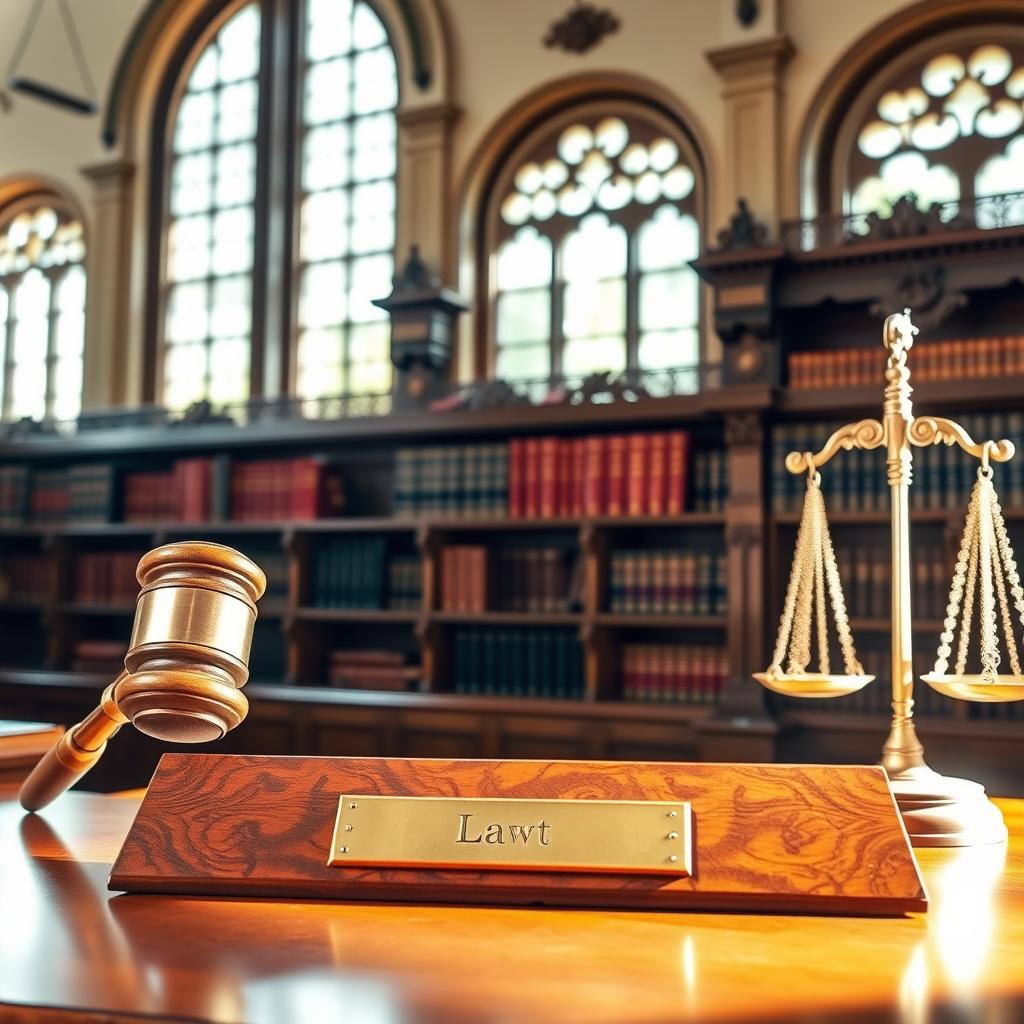 A dynamic courtroom scene with legal books, gavels, and scales of justice prominently displayed. The foreground features a wooden podium with a brass nameplate, casting a warm, authoritative glow under soft, directional lighting. The middle ground showcases a row of leather-bound legal volumes on ornate shelves, while the background depicts high-arched windows allowing natural light to stream in, creating an atmosphere of tradition and intellectual rigor. The overall composition conveys the power, prestige, and precision associated with the legal profession.