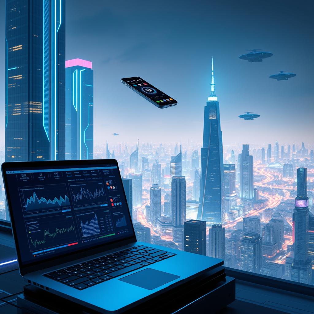 A futuristic cityscape with towering skyscrapers and gleaming technology. In the foreground, a sleek laptop and smartphone hover above a desk, their screens displaying complex graphs and charts. The middle ground features various software development tools and programming languages. In the background, a panoramic view of a bustling metropolis, with neon-lit towers and hovering transportation. The scene is bathed in a cool, electric blue light, creating a sense of technological innovation and high-value digital enterprises.