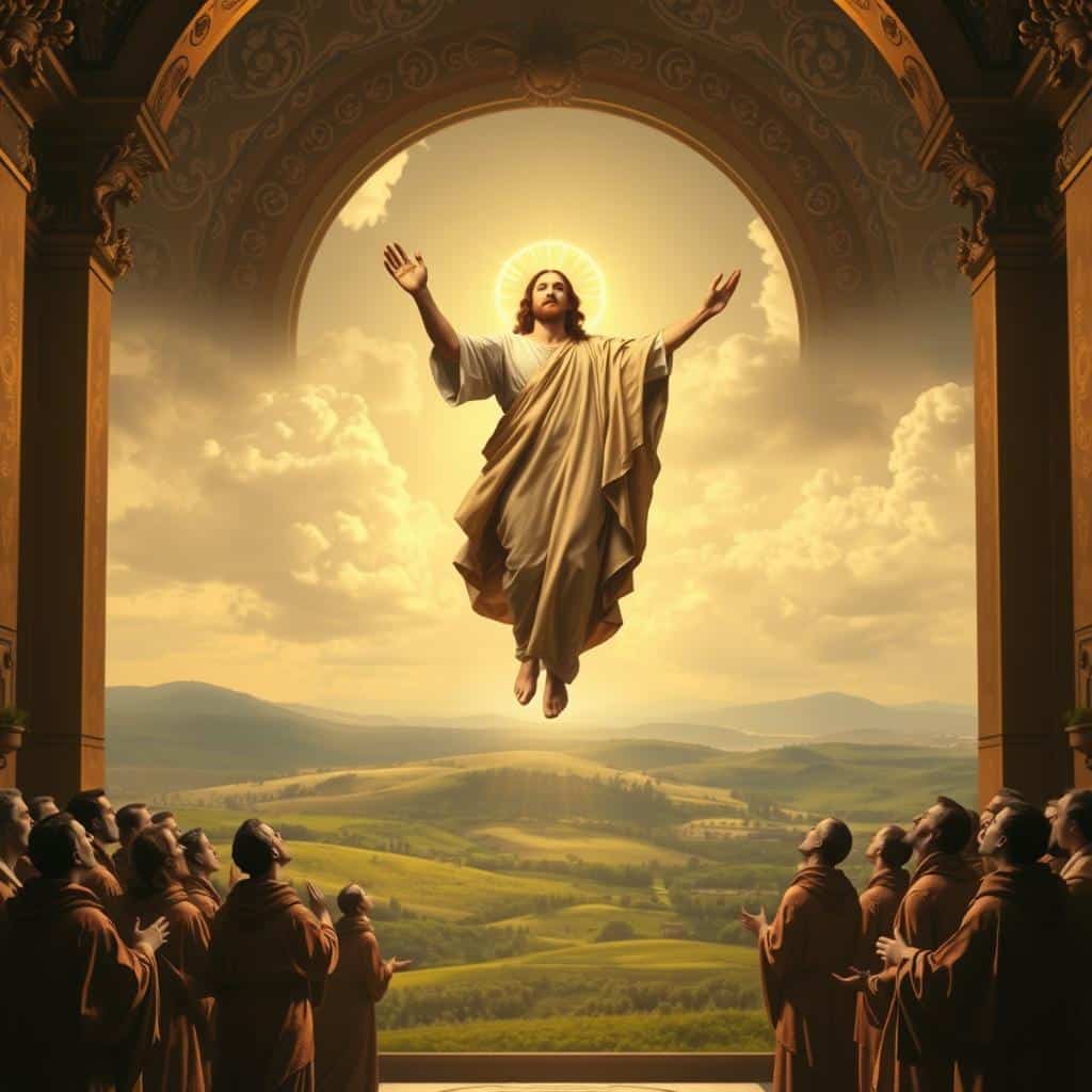 A grand, majestic scene of the Ascension of Jesus Christ, captured in the style of a Renaissance masterpiece. In the foreground, the resurrected Christ, his robes billowing, rises gracefully towards the heavens, surrounded by a halo of divine light. The Twelve Apostles, awestruck and reverent, gaze upwards in wonder. The middle ground features a lush, verdant landscape, with rolling hills and a tranquil sky. The background is dominated by an ornate, ornamental architectural setting, evoking a sense of grandeur and timelessness. Warm, golden tones permeate the scene, creating a reverent, solemn atmosphere. The composition is balanced and harmonious, drawing the viewer's eye towards the ascending Christ, the focal point of this majestic, spiritually-charged artwork.