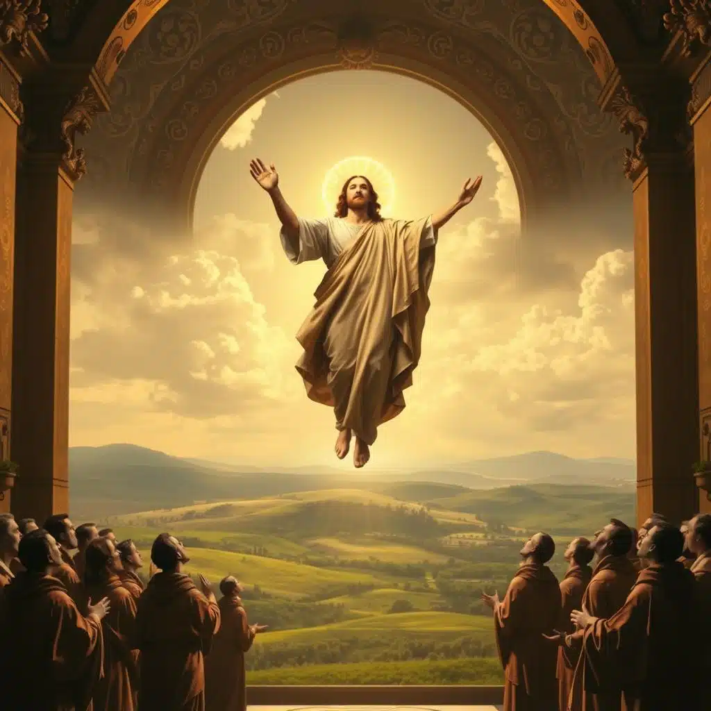 A grand, majestic scene of the Ascension of Jesus Christ, captured in the style of a Renaissance masterpiece. In the foreground, the resurrected Christ, his robes billowing, rises gracefully towards the heavens, surrounded by a halo of divine light. The Twelve Apostles, awestruck and reverent, gaze upwards in wonder. The middle ground features a lush, verdant landscape, with rolling hills and a tranquil sky. The background is dominated by an ornate, ornamental architectural setting, evoking a sense of grandeur and timelessness. Warm, golden tones permeate the scene, creating a reverent, solemn atmosphere. The composition is balanced and harmonious, drawing the viewer's eye towards the ascending Christ, the focal point of this majestic, spiritually-charged artwork.