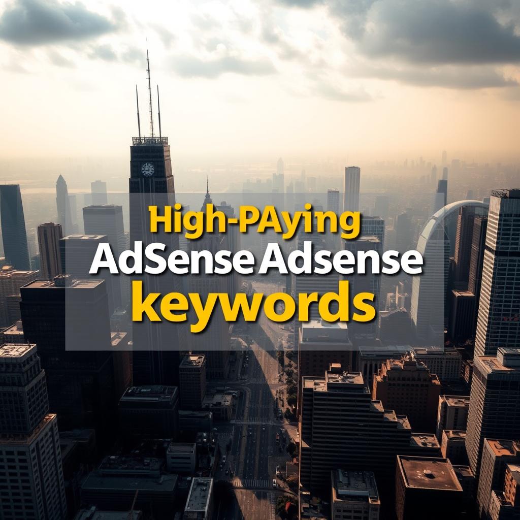 A high-contrast aerial view of a cityscape, with skyscrapers and office buildings in the foreground, casting long shadows on the streets below. In the middle ground, a graphic overlay showcases several high-paying AdSense keywords, rendered in bold, vibrant typography that stands out against the urban landscape. The background is hazy, with a cloudy sky and a sense of depth, creating a professional, business-focused atmosphere. The lighting is dramatic, with warm tones and sharp contrasts, emphasizing the importance and potential earnings of these keywords. The overall composition is clean, balanced, and visually striking, drawing the viewer's attention to the key subject matter.