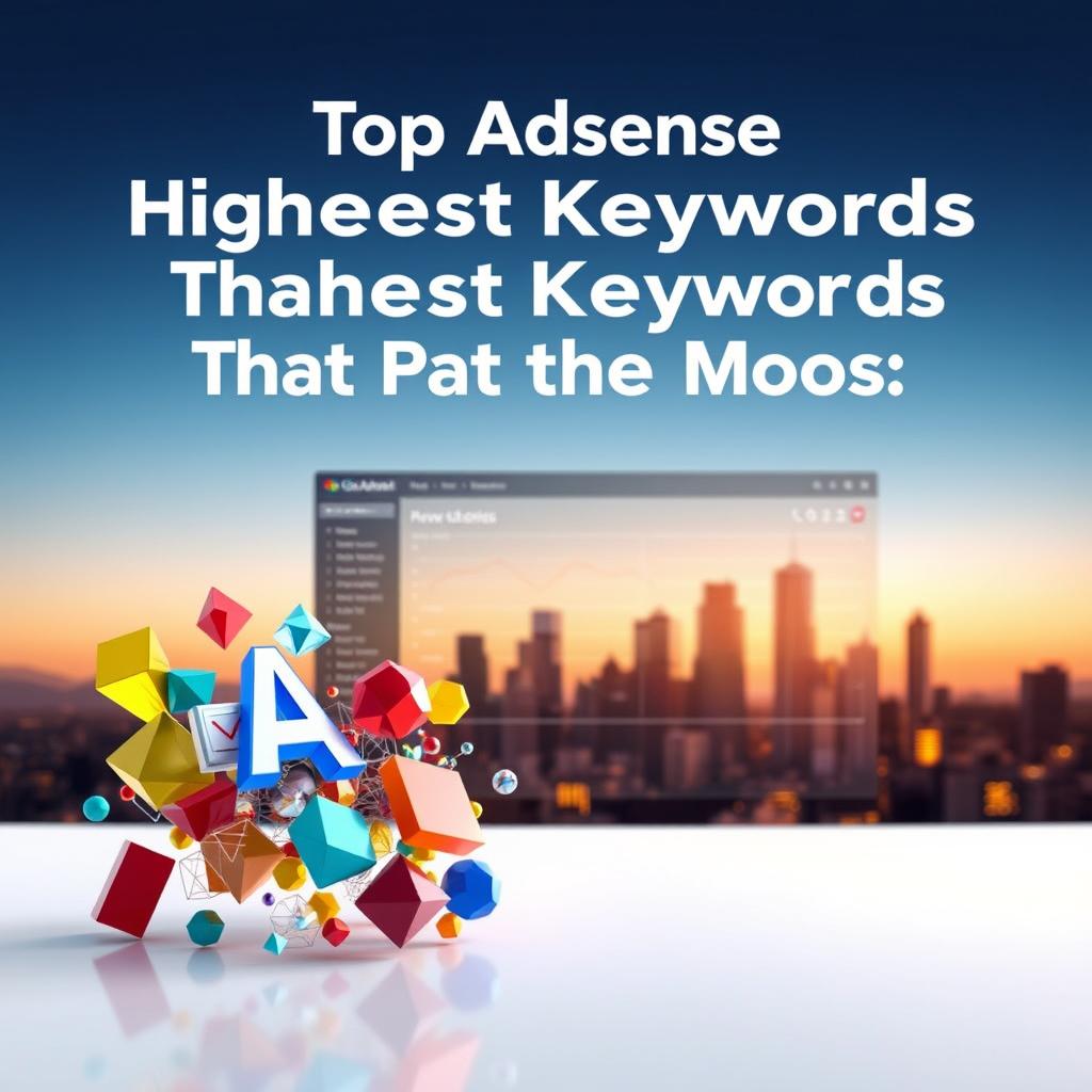 A high-quality image of the "Top AdSense Keywords That Pay the Most" showcasing the "AdSense Highest Paying Keywords in 2023: Market Overview". The foreground features a detailed 3D visualization of various digital marketing keywords, each represented by a unique geometric shape and vibrant color palette. The middle ground depicts a sleek and modern data visualization dashboard, presenting keyword performance metrics and trend analytics. The background sets a serene, yet futuristic tone with a minimalist cityscape skyline illuminated by a warm, diffused lighting. The overall composition conveys a sense of data-driven insights, technological innovation, and the lucrative potential of optimizing for high-CPC AdSense keywords.