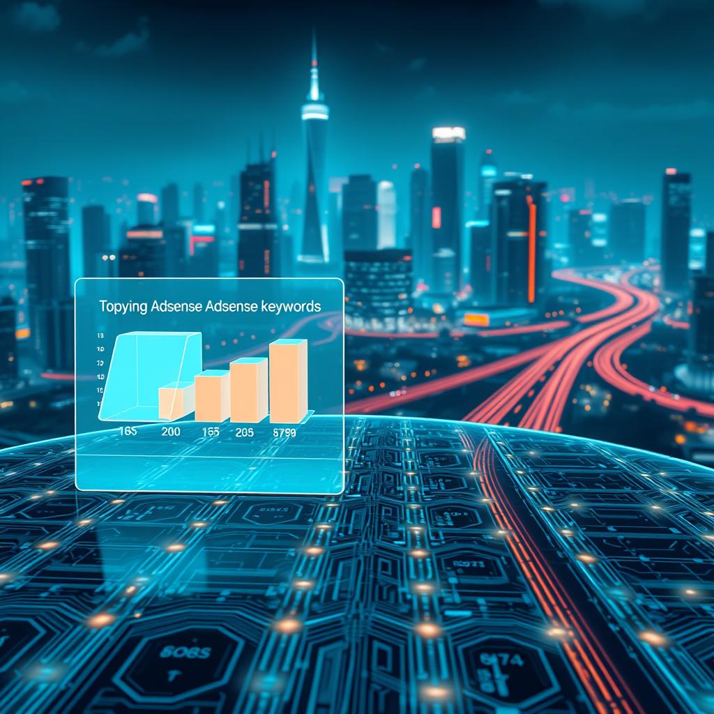A high-tech digital landscape with a futuristic aesthetic. In the foreground, a holographic display showcases a selection of the top-paying AdSense keywords, their values represented by glowing cubes of various sizes. The middle ground features a grid of interconnected nodes and circuits, symbolizing the complex algorithms that determine AdSense keyword rankings. In the background, a cityscape of towering skyscrapers and neon-lit highways creates a sense of scale and technological advancement. The scene is bathed in a cool, blue-tinted lighting, evoking a sense of precision and data-driven analysis. The overall mood is one of cutting-edge innovation and the pursuit of the most valuable digital advertising opportunities.