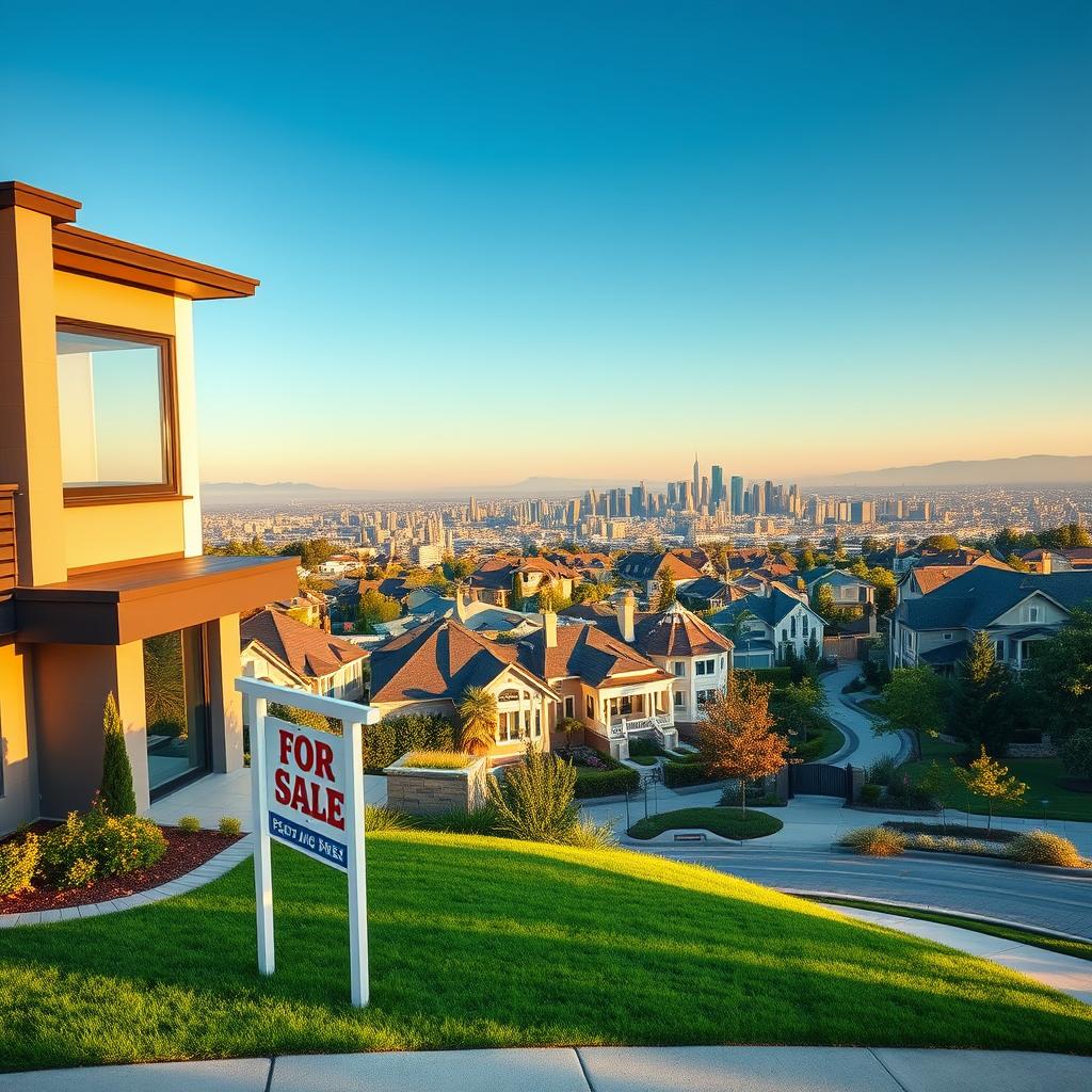 A high-value real estate AdSense keyword landscape, captured in a cinematic wide-angle shot. The foreground features a sleek, modern townhouse with a lush, manicured lawn and a "For Sale" sign prominently displayed. The middle ground showcases an array of luxury homes, each with unique architectural details and vibrant, colorful landscaping. In the background, a sprawling cityscape with towering skyscrapers and a clear, azure sky, creating a sense of urban sophistication. The lighting is soft and warm, casting a golden glow over the scene, evoking a feeling of prosperity and desirability. The overall composition conveys the high-value nature of real estate-related AdSense keywords.