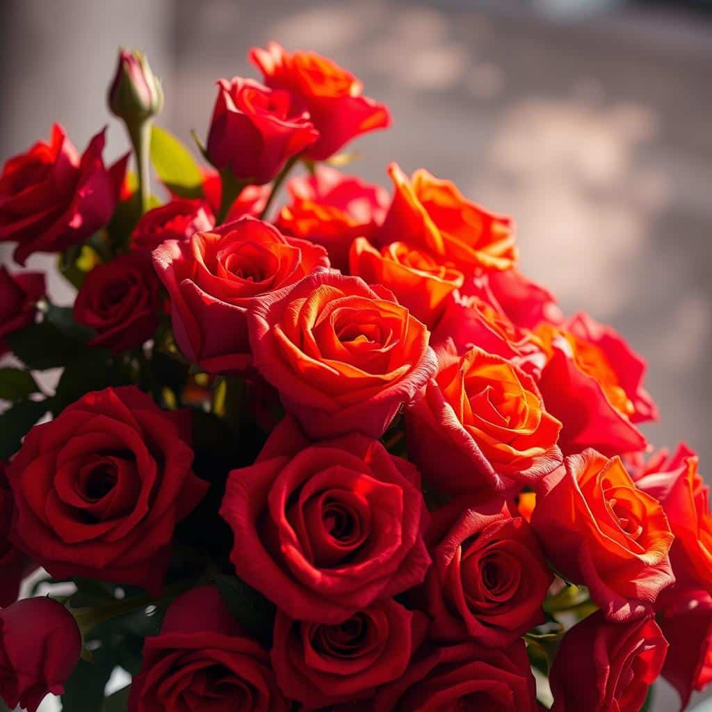 A lush bouquet of vibrant roses in full bloom, their velvety petals radiating warmth and energy. The roses are arranged artfully, with a mix of deep reds, fiery oranges, and bright pinks creating a captivating contrast. Soft, diffused lighting illuminates the scene, casting gentle shadows that accentuate the roses' dimensional forms. The background is a hazy, out-of-focus expanse, allowing the flowers to take center stage and command the viewer's attention. The overall composition exudes a sense of joy, vitality, and a departure from the traditional romantic associations of roses.