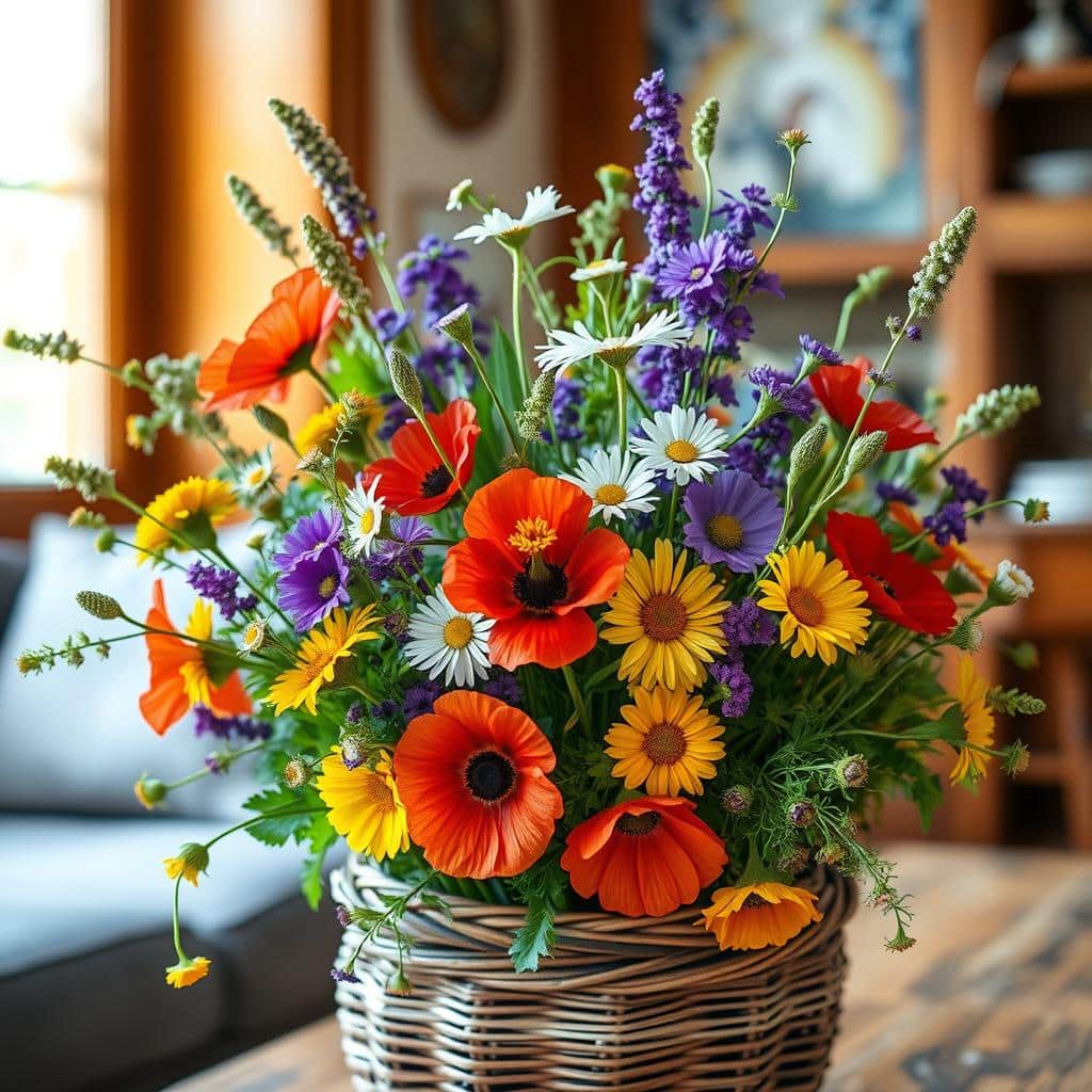 A lush bouquet of vibrant wildflowers arranged in a casual, natural style. Delicate blooms of poppies, daisies, and cornflowers spill forth from a rustic woven basket, backlit by soft, warm sunlight filtering through a window. The bouquet is set against a slightly blurred, cozy interior with wooden accents, creating an inviting, homey atmosphere. The overall scene exudes a sense of effortless beauty and a celebration of nature's bounty.