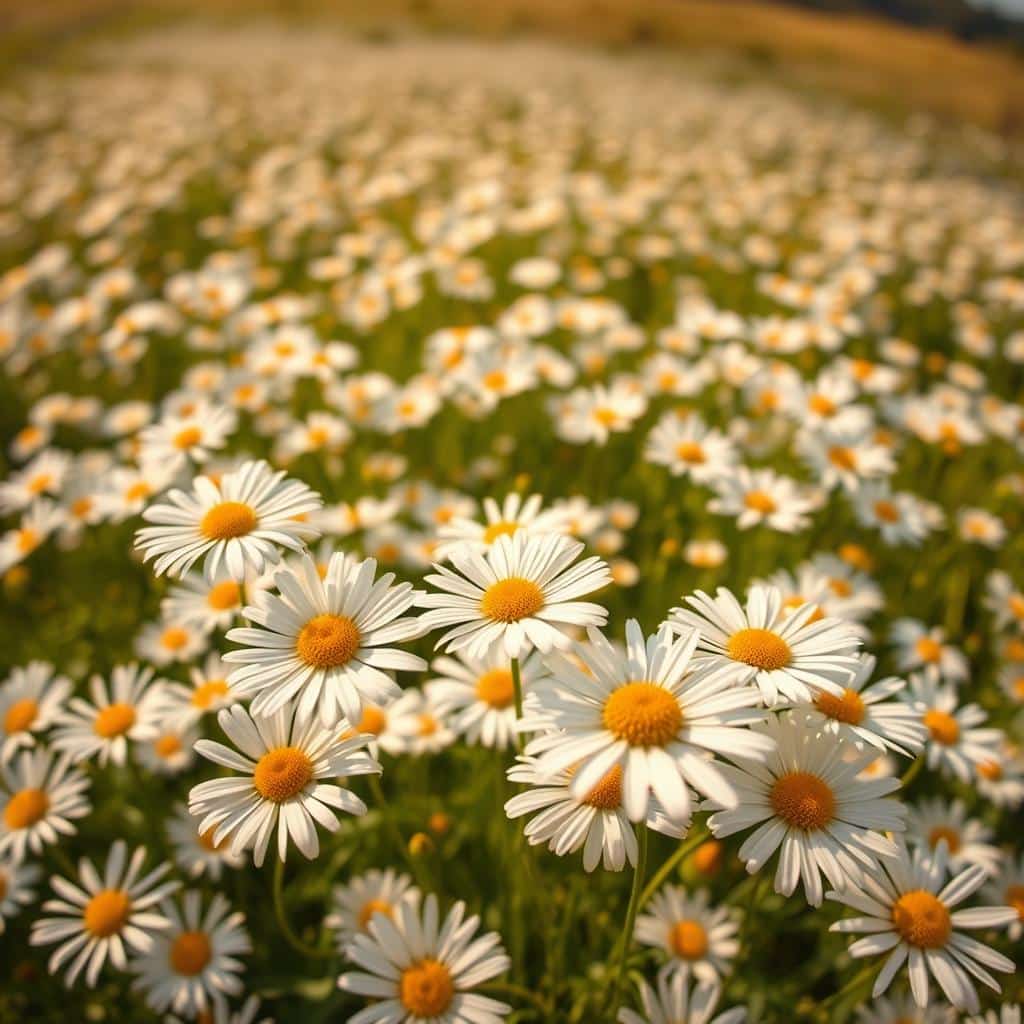 A lush field of vibrant white daisies bathed in warm, golden sunshine. The flowers sway gently in a light breeze, their petals radiating a cheerful, carefree energy. In the foreground, a cluster of daisies stand tall, their centers a deep, rich yellow. The middle ground is filled with a sea of soft, velvety petals, while the background fades into a hazy, dreamlike landscape. The scene is captured with a wide-angle lens, emphasizing the expansive, natural beauty of the daisies. The overall mood is one of simple, everyday delight - a moment of pure, uncomplicated joy.
