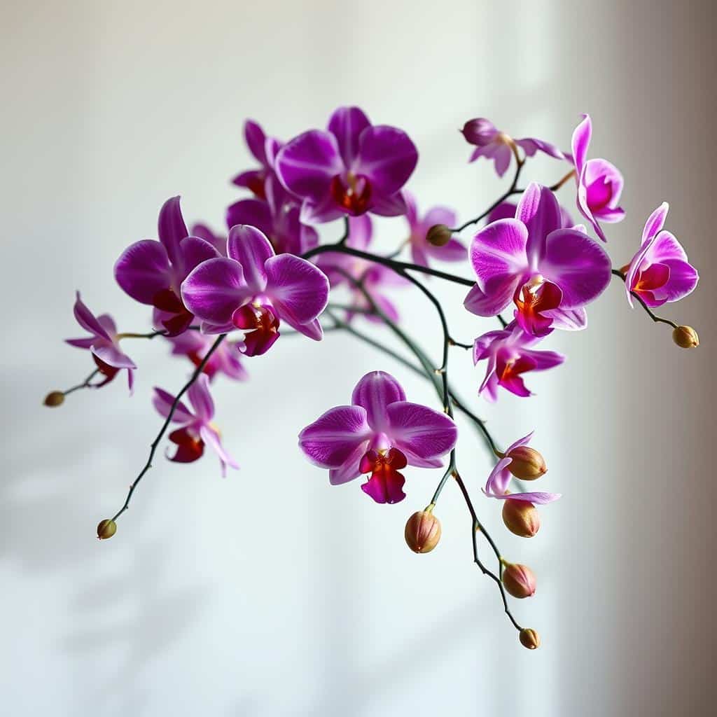 A lush, vibrant arrangement of exotic orchids in full bloom, their delicate petals unfurling against a softly lit, minimalist backdrop. The flowers, in a variety of hues from deep purple to vibrant fuchsia, appear to almost glow with an inner luminescence, their forms gracefully arching and cascading. Soft, directional lighting highlights the intricate textures and shapes of the blooms, casting gentle shadows that add depth and dimension to the scene. The overall impression is one of sophisticated elegance and natural beauty, perfectly suited to adorn any luxurious interior space.