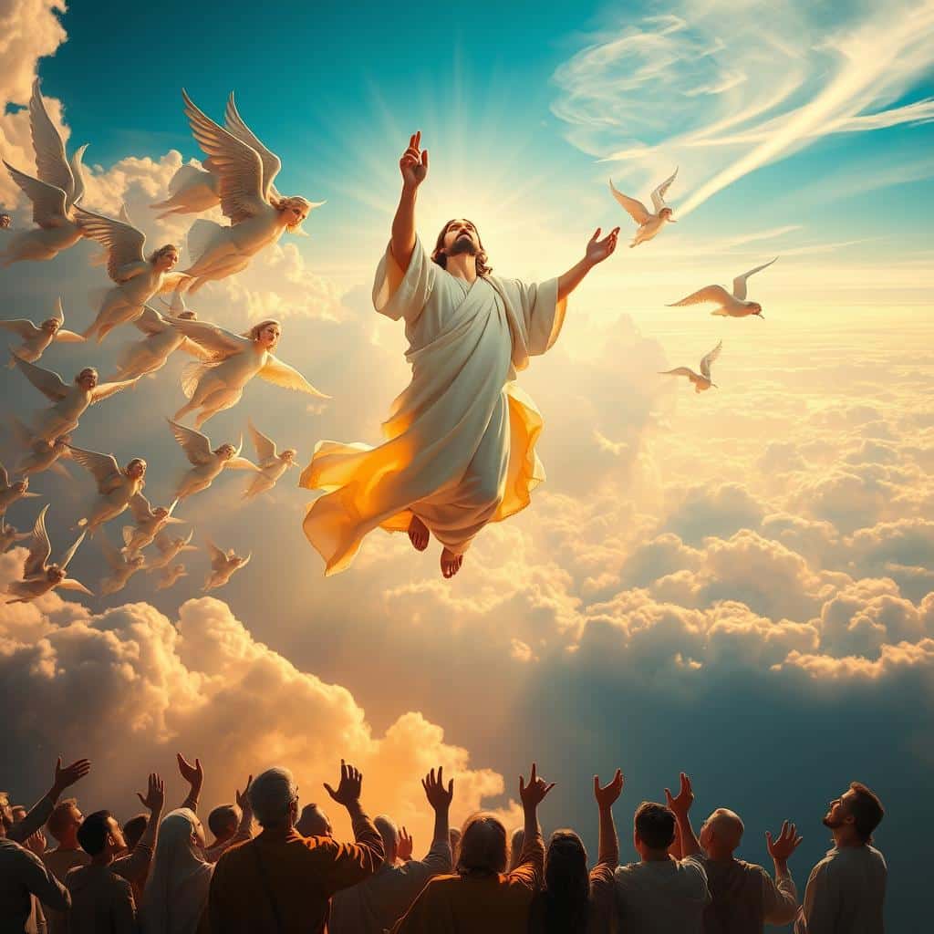 A majestic, awe-inspiring scene of the Ascension of the Lord, as described in Psalm 47. In the foreground, a radiant Jesus Christ ascends into the heavens, his robes billowing in a gentle breeze. Surrounding him, a choir of angels soar and sing, their faces filled with reverence and wonder. In the middle ground, the apostles and disciples gaze upward, their hands outstretched in adoration. The background is a breathtaking panorama of a vast, azure sky, dotted with wispy clouds that seem to part to reveal the divine glory. The lighting is soft and golden, casting a warm, ethereal glow over the entire scene. The overall mood is one of tranquility, majesty, and the profound mystery of the Ascension.