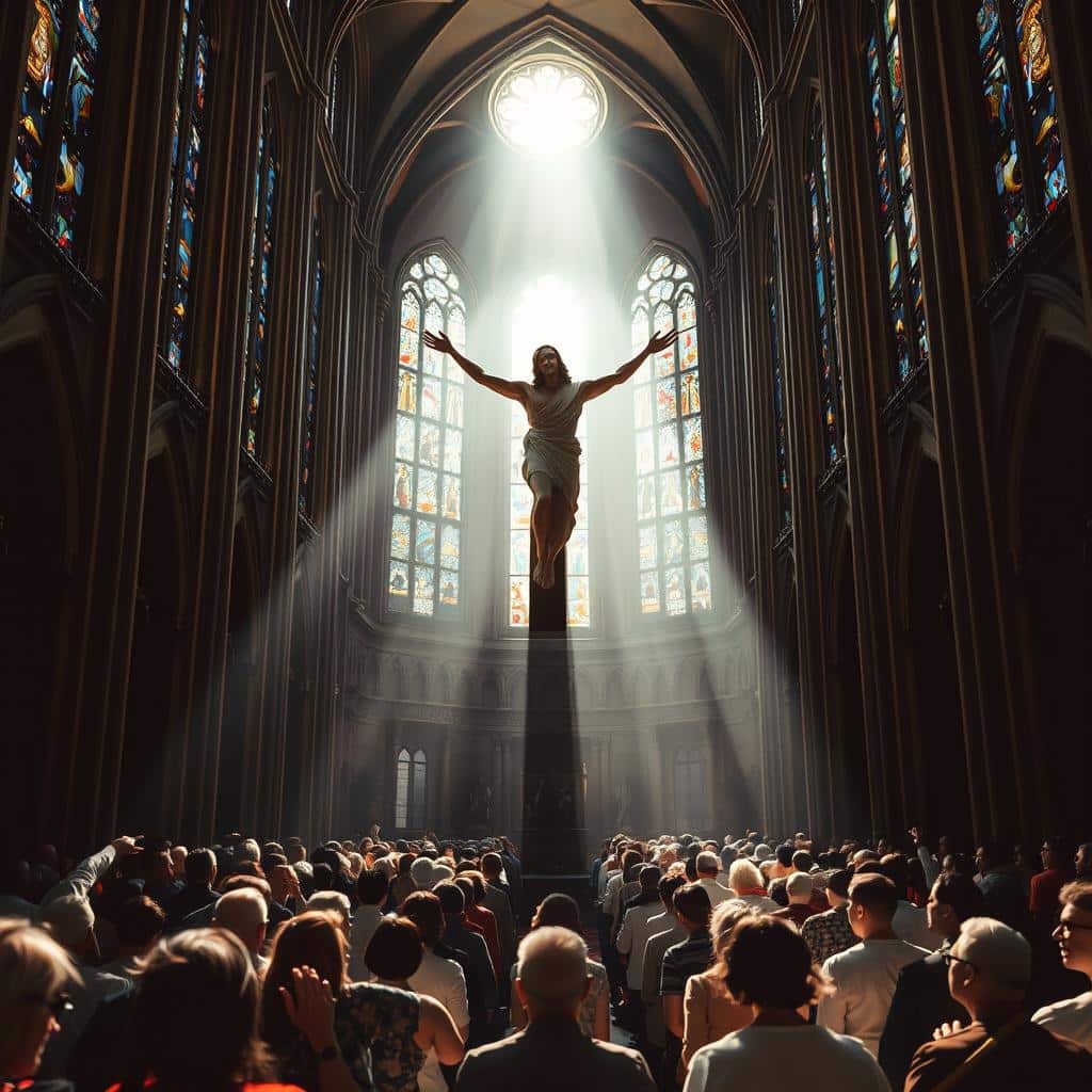 A majestic cathedral interior, sunlight streaming through stained glass windows. At the center, a figure of Christ ascends, arms outstretched, an ethereal glow surrounding him. Beneath, worshippers kneel in reverence, faces uplifted, expressions of awe and wonder. The architecture is grand, with towering arches and ornate details. Shadows and highlights create a sense of depth and drama. The mood is one of sacred solemnity, the faithful witnessing the Ascension, embracing the message of hope and new life. A powerful, transcendent scene, capturing the essence of the Solemnity.