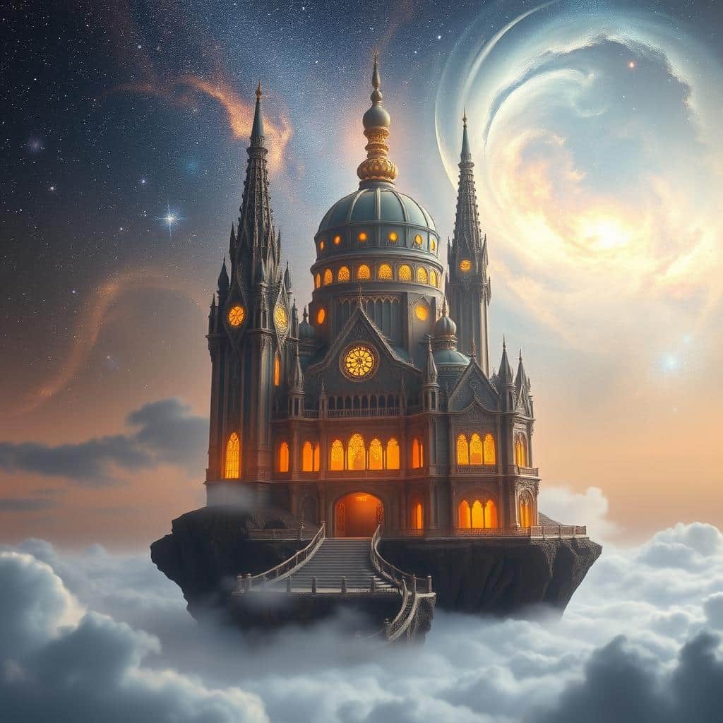 A majestic, ethereal dwelling nestled amidst a tranquil, celestial landscape. The foreground features a grand, ornate structure with towering spires and intricate, glowing architectural details, bathed in a warm, heavenly light. The middle ground depicts a serene, floating island surrounded by wispy, cloud-like formations, hinting at the divine realm. In the background, a vast, starry sky with swirling galaxies and nebulae creates a sense of infinite, otherworldly grandeur. The scene exudes a profound sense of peace, wonder, and the promise of a sacred, transcendent presence.