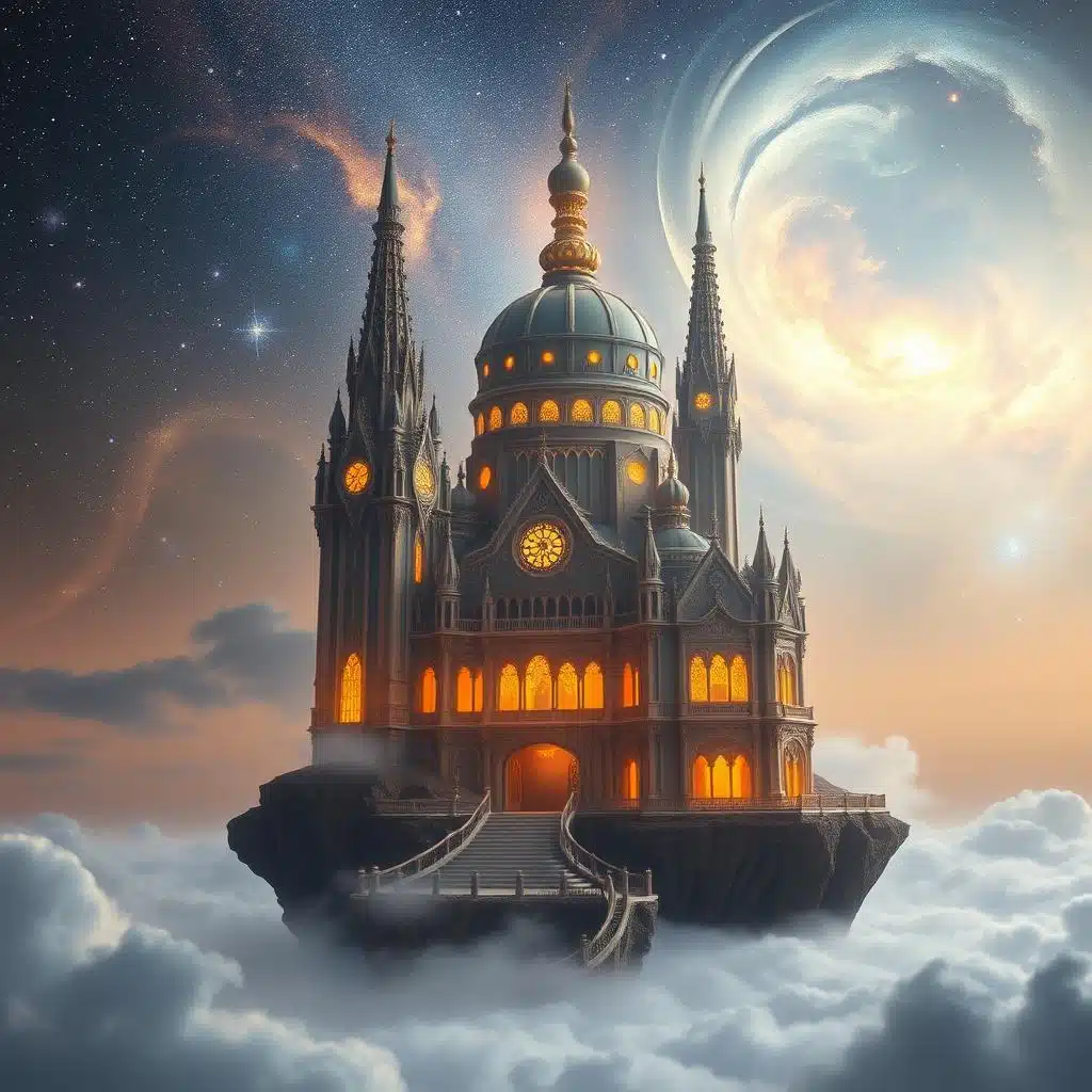 A majestic, ethereal dwelling nestled amidst a tranquil, celestial landscape. The foreground features a grand, ornate structure with towering spires and intricate, glowing architectural details, bathed in a warm, heavenly light. The middle ground depicts a serene, floating island surrounded by wispy, cloud-like formations, hinting at the divine realm. In the background, a vast, starry sky with swirling galaxies and nebulae creates a sense of infinite, otherworldly grandeur. The scene exudes a profound sense of peace, wonder, and the promise of a sacred, transcendent presence.