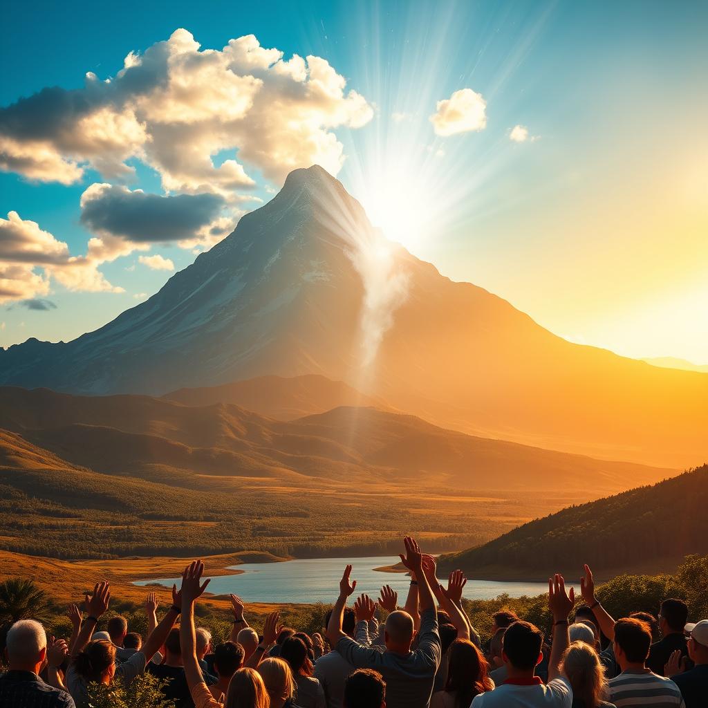 A majestic mountain peaks against a vibrant, azure sky, bathed in warm, golden sunlight. At its base, a vast, rolling plain teeming with verdant flora and a shimmering lake. In the foreground, a gathering of devout worshippers, their faces uplifted, hands raised in reverence as the Holy Spirit descends upon them in a brilliant, shimmering display of divine power. Dramatic cloud formations swirl overhead, lending an air of awe and mysticism to the scene. The composition is balanced, with the mountain's grandeur anchoring the image, while the radiant light and the fervent congregation convey the transformative energy of Pentecost.