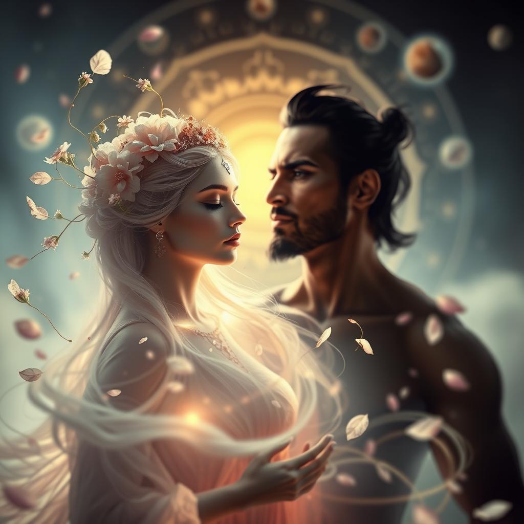A mesmerizing dance of feminine and masculine energies, an ethereal interplay of yin and yang. In the foreground, a divine feminine figure, her eyes closed in contemplation, surrounded by a luminous aura. Delicate floral motifs swirl around her, petals cascading like cosmic breath. In the middle ground, a powerful masculine presence emerges, his strong features carved from shadow and light, gaze locked with the feminine. The background blurs into a dreamscape of celestial bodies, hinting at the karmic tapestry that binds these two archetypes. Soft, diffused lighting bathes the scene, evoking a sense of timelessness and mysticism. This captivating image captures the essence of the anima/animus, the eternal dance of inner and outer, a metaphor for the karmic threads that shape our relationships.