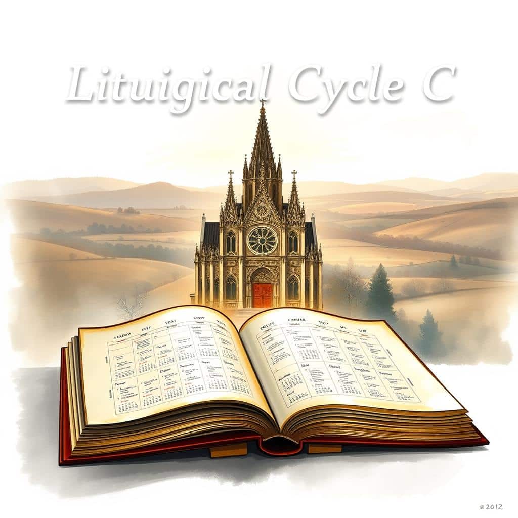 A meticulously detailed illustration of the Liturgical Cycle C, with a serene, reverent atmosphere. In the foreground, a beautifully illuminated liturgical calendar, its pages turning to reveal the sacred cycle of seasons and feasts. The middle ground showcases a magnificent cathedral, its stained glass windows casting a warm, ethereal glow. In the background, a landscape of rolling hills and a cloudless sky, evoking a sense of timelessness and the eternal rhythms of the church. Delicate brushstrokes, muted tones, and a soft, contemplative lighting create a sense of reverence and devotion, perfectly capturing the essence of the Liturgical Cycle C.