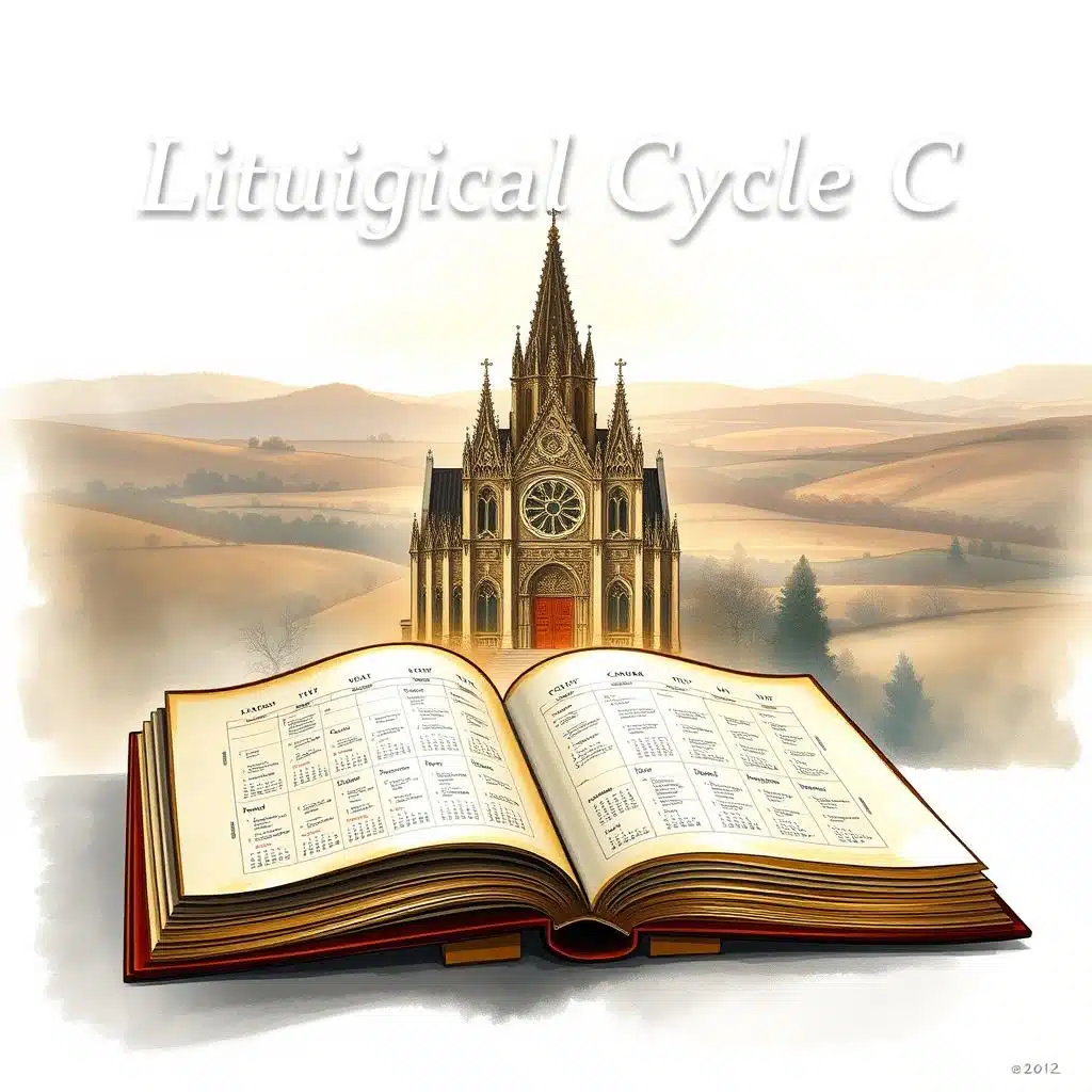 A meticulously detailed illustration of the Liturgical Cycle C, with a serene, reverent atmosphere. In the foreground, a beautifully illuminated liturgical calendar, its pages turning to reveal the sacred cycle of seasons and feasts. The middle ground showcases a magnificent cathedral, its stained glass windows casting a warm, ethereal glow. In the background, a landscape of rolling hills and a cloudless sky, evoking a sense of timelessness and the eternal rhythms of the church. Delicate brushstrokes, muted tones, and a soft, contemplative lighting create a sense of reverence and devotion, perfectly capturing the essence of the Liturgical Cycle C.