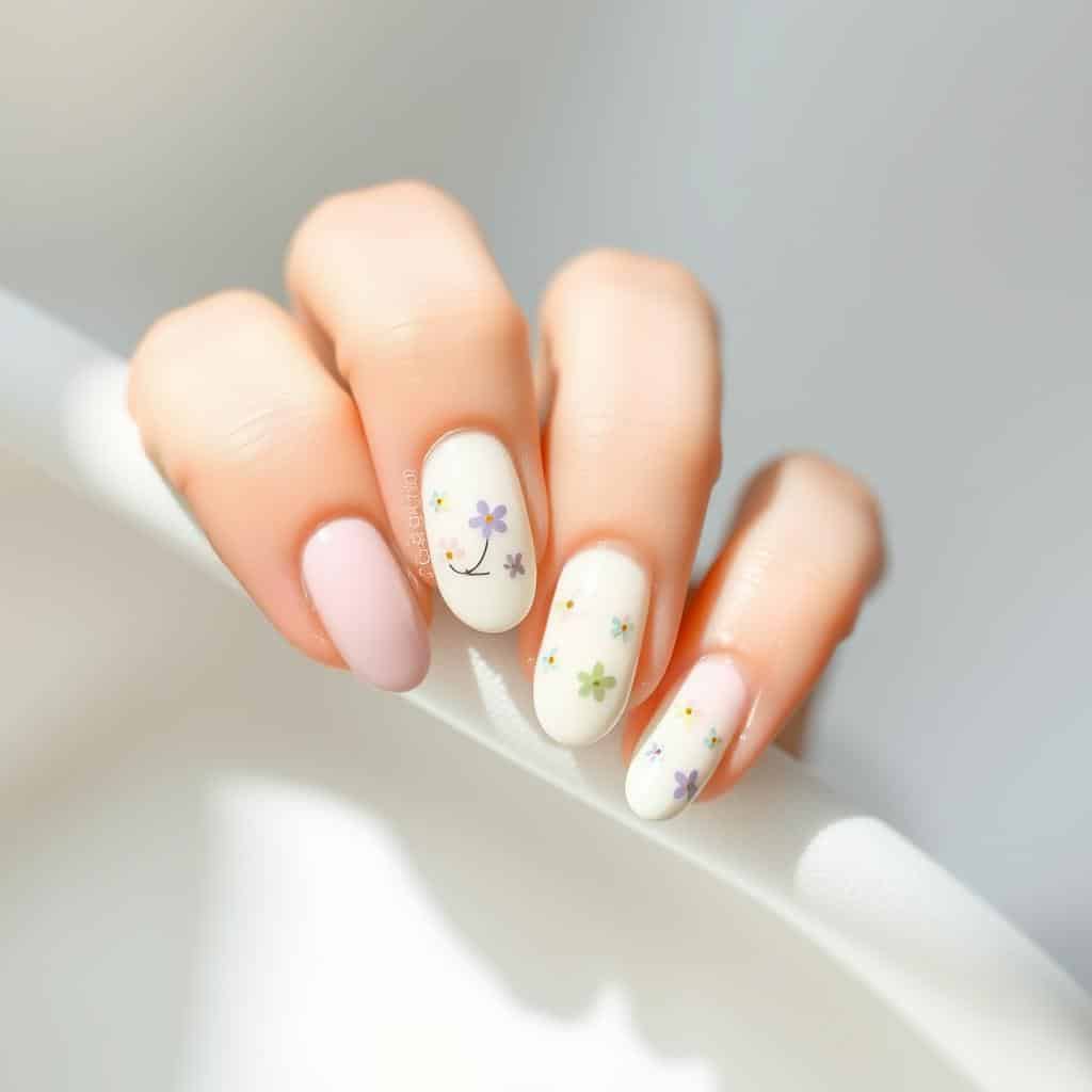 A minimalist spring nail art with a delicate floral design. Soft pastel colors of light pink, lavender, and mint green against a clean white base. The nails are oval-shaped with a subtle glossy finish. The floral patterns are simple yet elegant, featuring small daisy-like blooms arranged in a scattered, asymmetric layout. Lighting is soft and diffused, creating a serene, airy atmosphere. The composition emphasizes the simplicity and natural beauty of the manicure, with the focus on the intricate nail details. The overall mood is fresh, calming, and reflective of the spring season.