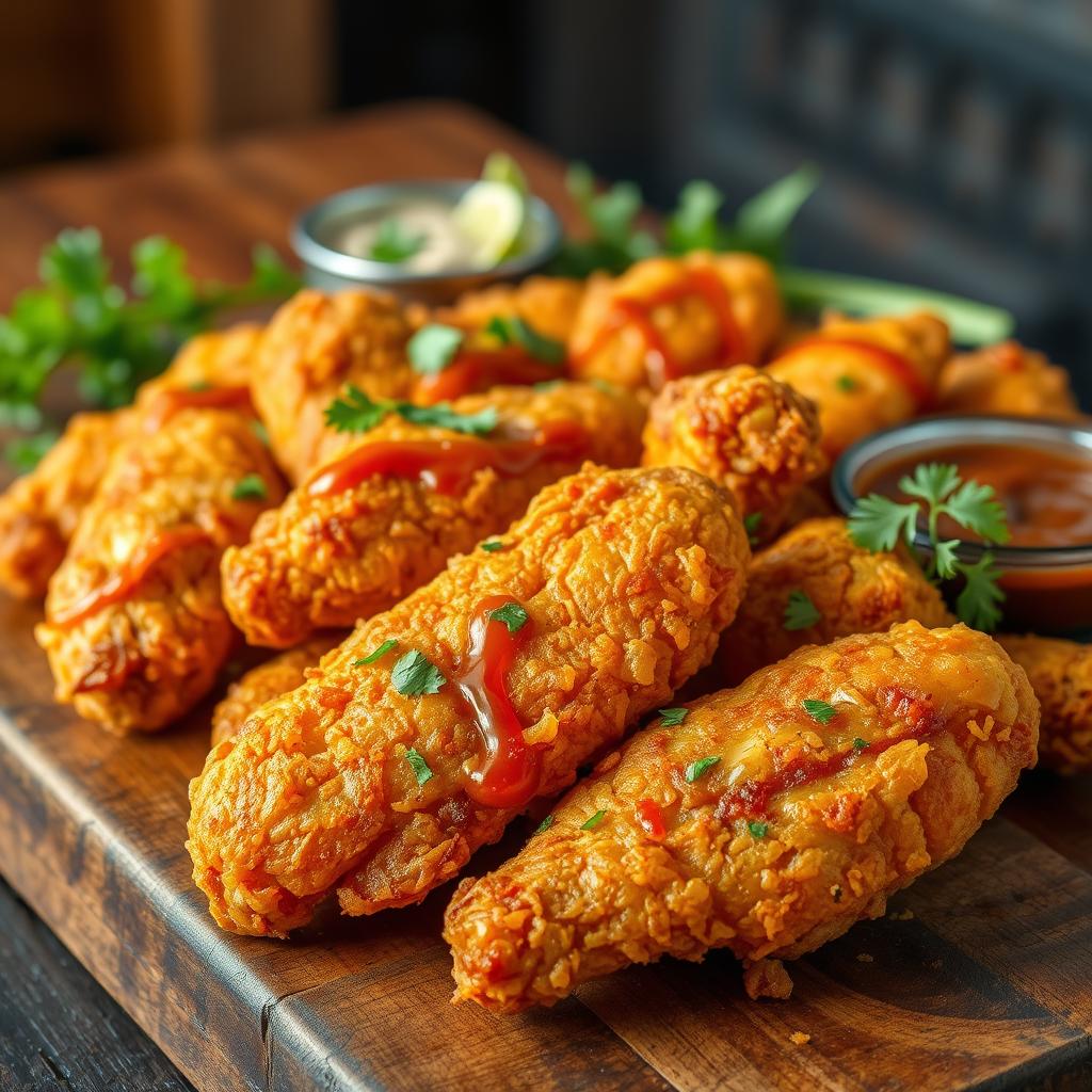 A mouth-watering arrangement of crispy, golden-brown chicken pieces arranged on a rustic wooden table. The chicken is perfectly fried, with a delightfully crunchy exterior and succulent, juicy interior. Garnished with fresh herbs and a drizzle of tantalizing sauce, creating an irresistible visual feast. The scene is bathed in warm, natural lighting, emphasizing the tempting textures and inviting colors. A slight depth of field blur adds to the appetizing ambiance, drawing the viewer's attention to the star of the dish. This image encapsulates the essence of satisfying, homemade crispy chicken recipes that will leave you craving more.