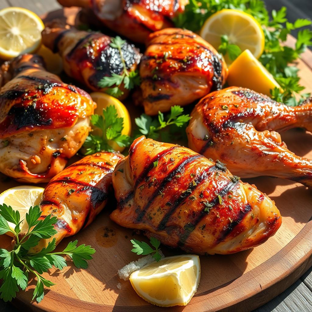 A mouthwatering arrangement of juicy, flame-grilled chicken breasts, thighs, and drumsticks, glistening with a golden-brown char. The meat is seasoned with a blend of fragrant herbs and spices, creating a tantalizing aroma. The chicken is artfully displayed on a rustic wooden board, surrounded by vibrant, fresh herbs and lemon wedges. Sunlight filters through the scene, casting a warm, inviting glow and creating subtle shadows that accentuate the textures. The overall composition evokes the feeling of an outdoor summer barbecue, perfect for a casual gathering or al fresco dining experience.