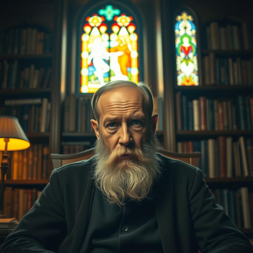 A pensive, bearded man sits in a dimly lit study, his gaze piercing yet introspective. Warm light filters through stained glass, casting an aura of wisdom and contemplation. The man's persona, a carefully curated mask, hides the deeper layers of his psyche - the archetypes, the shadow, the collective unconscious. Behind him, bookshelves brimming with tomes on philosophy, psychology, and the mysteries of the human mind suggest a lifetime of exploration and discovery. The scene evokes a sense of depth, complexity, and the search for meaning that defines the work of Carl Jung, the renowned Swiss psychiatrist and pioneer of analytical psychology.