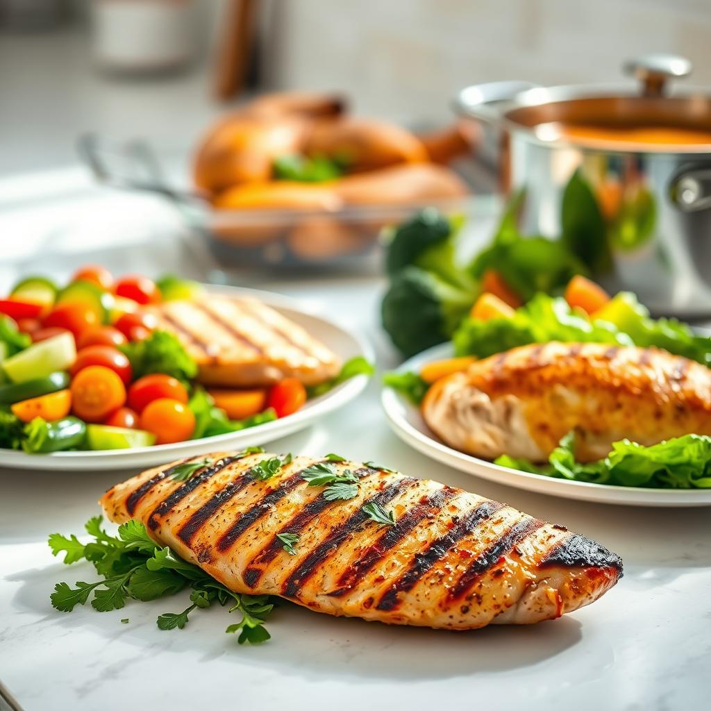 A pristine kitchen counter, bathed in soft natural light, showcases a delectable array of healthy chicken dishes. In the foreground, a succulent grilled chicken breast is garnished with fresh herbs and a drizzle of citrusy vinaigrette. Alongside it, a vibrant salad of mixed greens, juicy cherry tomatoes, and crunchy cucumbers. In the middle ground, a baked chicken breast with a golden, crispy skin is accompanied by roasted sweet potatoes and steamed broccoli florets. In the background, a simmering pot of hearty chicken and vegetable soup emits tantalizing aromas. The scene exudes a sense of balance, freshness, and culinary delight, inviting the viewer to indulge in these mouthwatering, guilt-free chicken recipes.