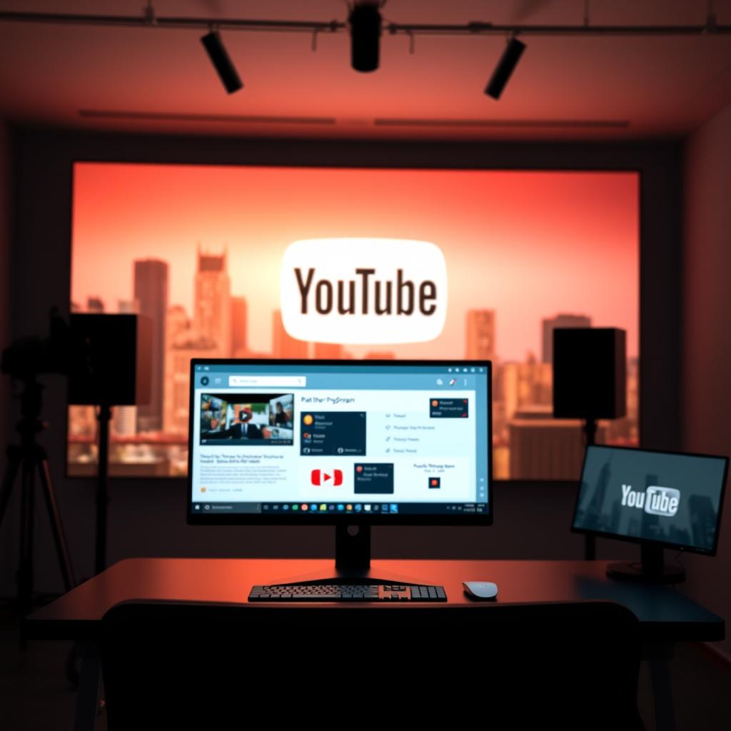 A professional, well-lit studio scene showcasing the YouTube Partner Program. In the foreground, a sleek desktop computer with the YouTube logo prominently displayed. On the screen, a dynamic dashboard highlighting the key features and benefits of the program. In the middle ground, a stylized YouTube icon casts a warm, inviting glow, while the background features a soft, blurred cityscape, conveying the global reach and opportunity of the platform. The overall mood is one of excitement, professionalism, and the promise of financial empowerment for content creators.