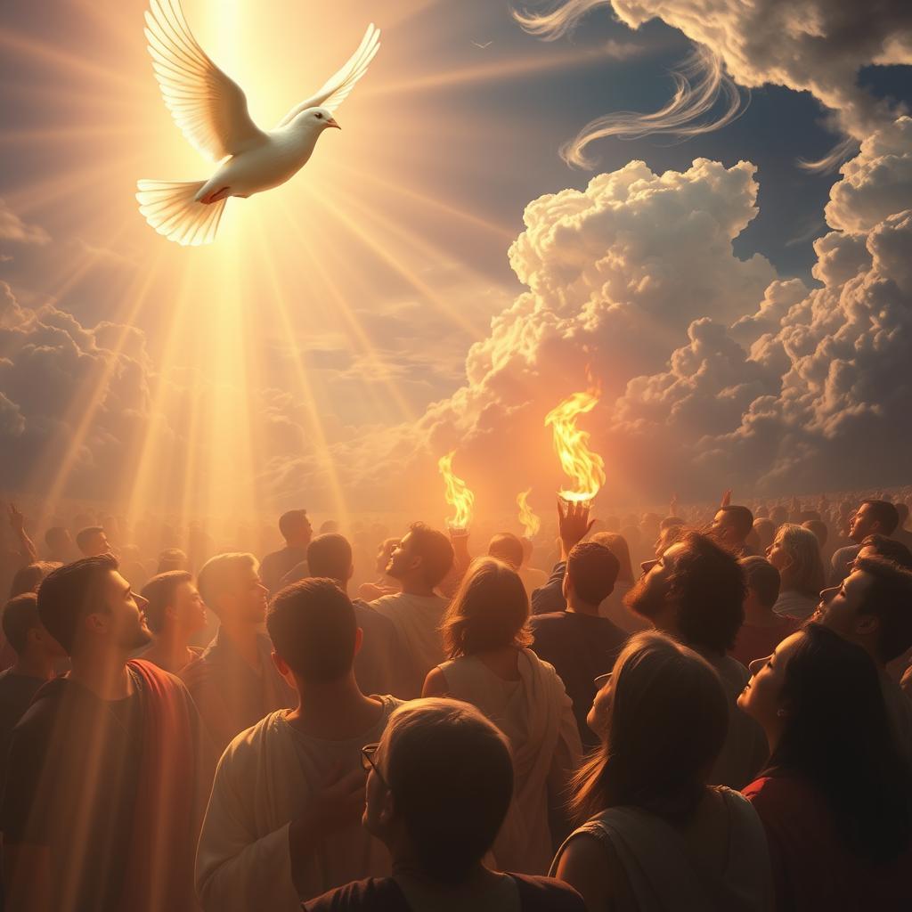 A radiant scene of Pentecost Sunday, where the Holy Spirit descends upon the faithful. In the foreground, a glowing dove hovers, its wings outstretched, casting a warm glow upon the gathered crowd. The disciples, faces uplifted, are bathed in an ethereal light, their expressions reflecting a profound spiritual awakening. In the middle ground, tongues of fire dance above their heads, symbolizing the transformative power of the Holy Spirit. The background features a sweeping, celestial landscape, with swirling clouds and rays of heavenly light illuminating the scene. The atmosphere is one of reverence, wonder, and the profound connection between creation and the divine.