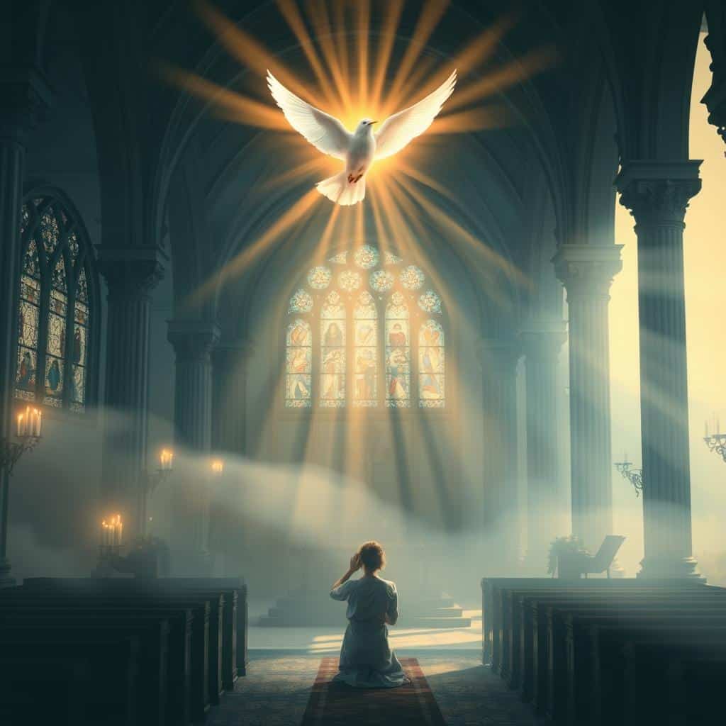 A serene and luminous scene of the Holy Spirit as a divine advocate, a comforting presence embracing the faithful. In the foreground, an ethereal figure of the Holy Spirit, represented as a gentle dove, hovers above a humble worshipper kneeling in reverence. Beams of warm, heavenly light emanate from the Spirit, casting a soft, celestial glow across the scene. In the middle ground, a tranquil, church-like setting with ornate architectural details, stained glass windows, and flickering candles, conveying a sense of sacred contemplation. The background fades into a hazy, atmospheric landscape, suggesting the boundless nature of the Spirit's divine guidance and protection. The overall mood is one of profound spiritual awe, solace, and the abiding presence of the Holy Spirit as the ultimate advocate and helper.