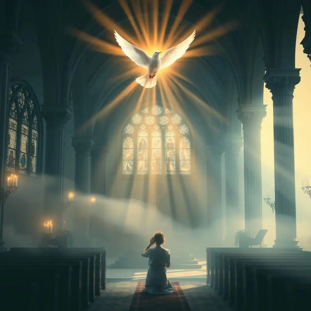 A serene and luminous scene of the Holy Spirit as a divine advocate, a comforting presence embracing the faithful. In the foreground, an ethereal figure of the Holy Spirit, represented as a gentle dove, hovers above a humble worshipper kneeling in reverence. Beams of warm, heavenly light emanate from the Spirit, casting a soft, celestial glow across the scene. In the middle ground, a tranquil, church-like setting with ornate architectural details, stained glass windows, and flickering candles, conveying a sense of sacred contemplation. The background fades into a hazy, atmospheric landscape, suggesting the boundless nature of the Spirit's divine guidance and protection. The overall mood is one of profound spiritual awe, solace, and the abiding presence of the Holy Spirit as the ultimate advocate and helper.