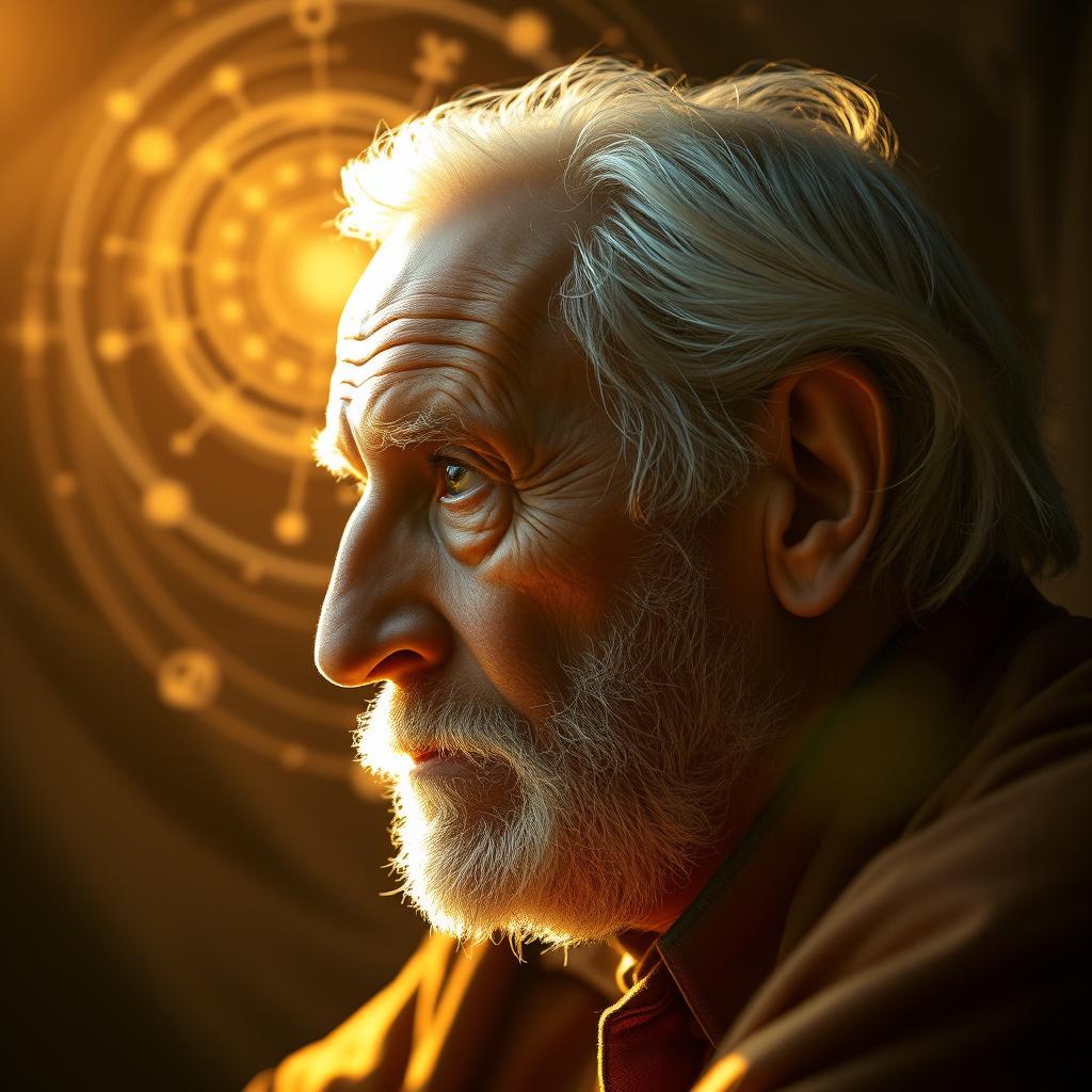 A serene, contemplative portrait of Carl Jung, the renowned psychologist, deep in thought as he ponders the concept of Karma. The scene is bathed in warm, golden light, casting a tranquil and introspective atmosphere. Jung's weathered face is captured in a three-quarter profile, his eyes gazing inwardly, reflecting the profound insights he has gained through his pioneering work in analytical psychology. In the background, a swirling, ethereal vortex of energy and symbols represents the interconnectedness of the human psyche and the universal laws of cause and effect. The composition is balanced and harmonious, inviting the viewer to join Jung on his journey of self-discovery and the exploration of the mystical aspects of the human experience.