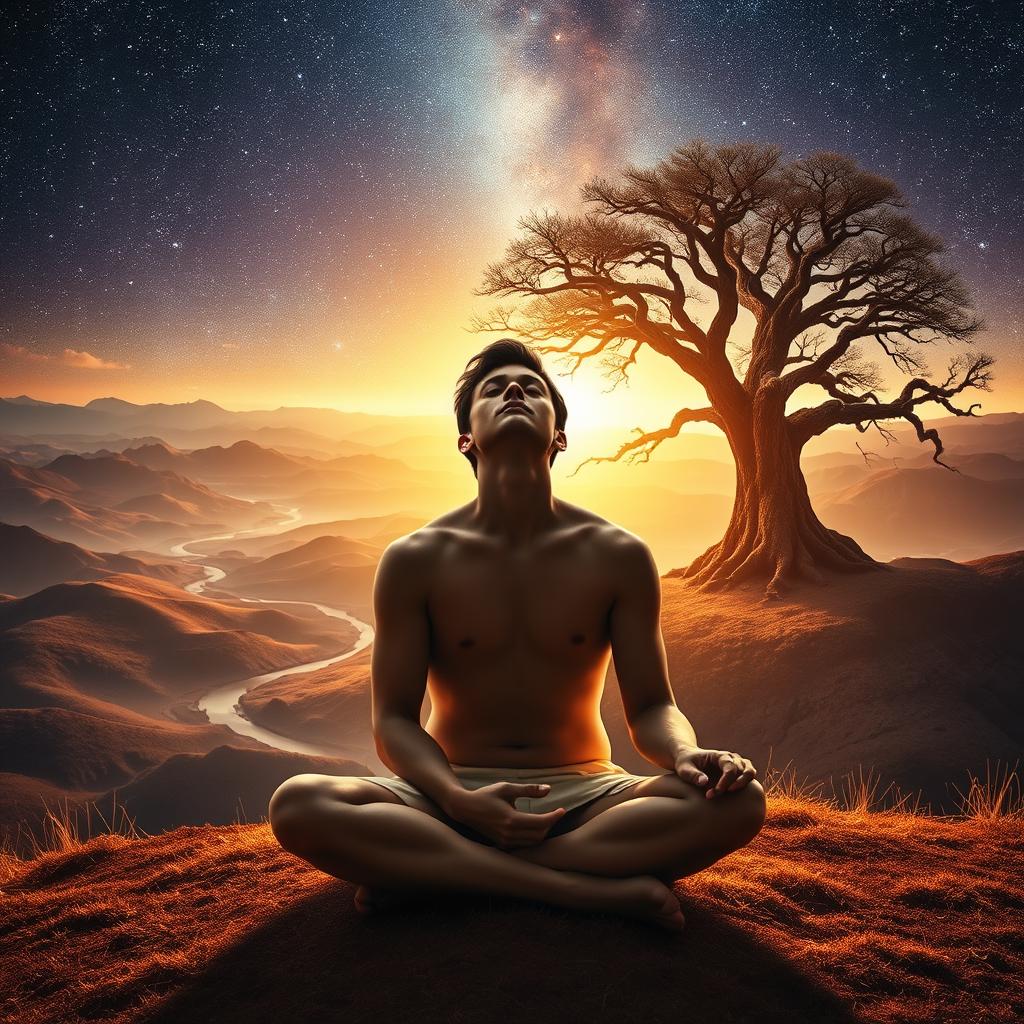 A serene, contemplative self-portrait bathed in warm, natural light. In the foreground, an introspective figure sits cross-legged, eyes closed, emanating a sense of inner peace and connection. The middle ground reveals a mystical, archetypal landscape - rolling hills, winding rivers, and a vast, starry sky, symbolizing the expansive realms of the unconscious mind. In the background, a towering, ancient tree stands as a symbol of wisdom and the cyclical nature of life, death, and rebirth. The overall atmosphere is one of spiritual introspection, the merging of the individual with the universal, and the alignment of one's personal destiny with the greater karmic forces of the universe.