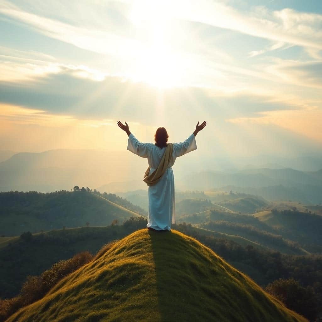 A serene, ethereal scene depicting the ascension of Jesus Christ. In the foreground, Jesus stands atop a gently sloping hill, his figure radiating a soft, heavenly glow. His arms are outstretched, palms facing upward, as he ascends towards the heavens. The middle ground features a lush, verdant landscape, with rolling hills and a distant horizon bathed in warm, golden light. In the background, the sky is a breathtaking tapestry of soft blues and wispy clouds, conveying a sense of tranquility and the divine. Subtle rays of light emanate from above, illuminating the scene with a sense of awe and reverence. The overall composition evokes a profound feeling of spiritual transcendence and the triumph of Christ's eternal kingdom.